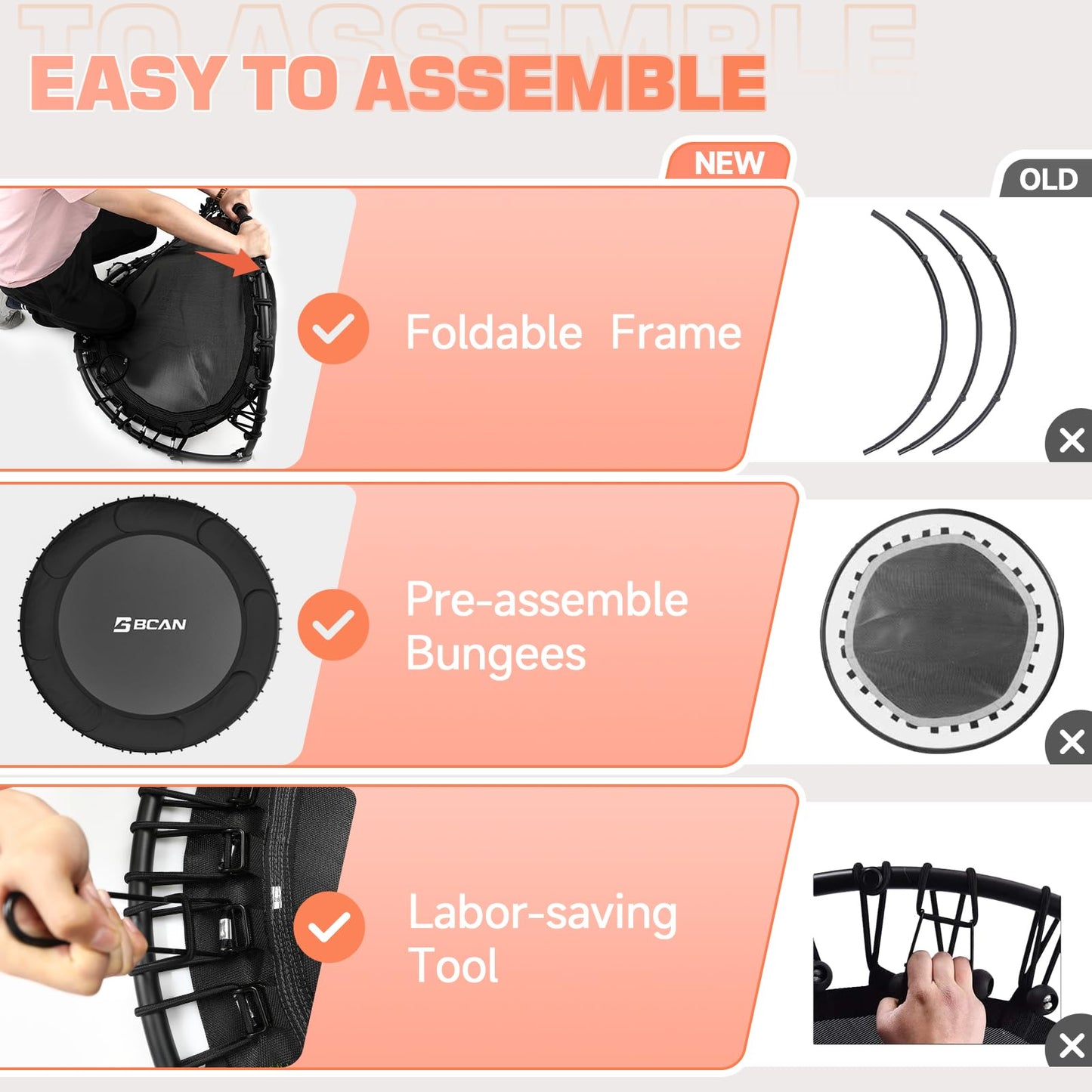 BCAN 450 LBS Foldable Mini Trampoline, 40" Fitness Trampoline with Adjustable Handle Bar, Bungees, Stable & Quiet Exercise Rebounder for Kids Adults Indoor/Garden Workout-Black