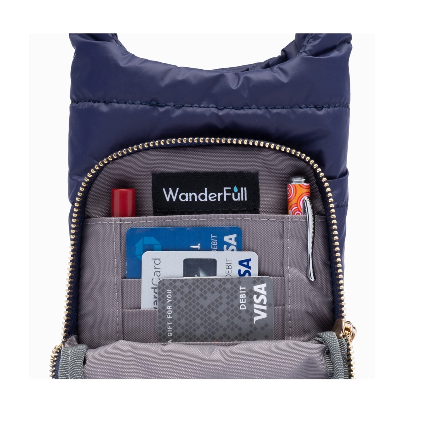 WanderFull Original Crossbody HydroBag | Quilted Water Bottle Carrier | Puffer Tote Tumbler Holder with Pockets for Purse, Phone & Accessories | Carry Travel Essentials (Matte Navy/Patterned Strap)