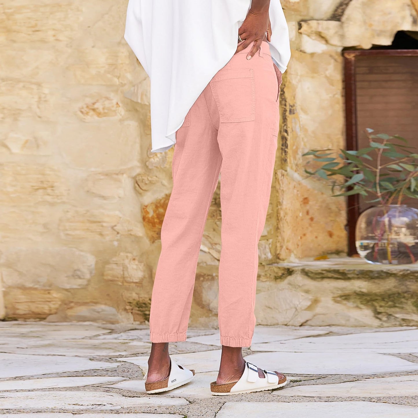 Linen Joggers for Women Casual Cropped Linen Pants High Waisted Tapered Leg Jogger Pants with Pockets Utility Ankle Length Chino Pants Cinch Bottom Trousers Petite Harem Pants Baggy Jogger Scrubs