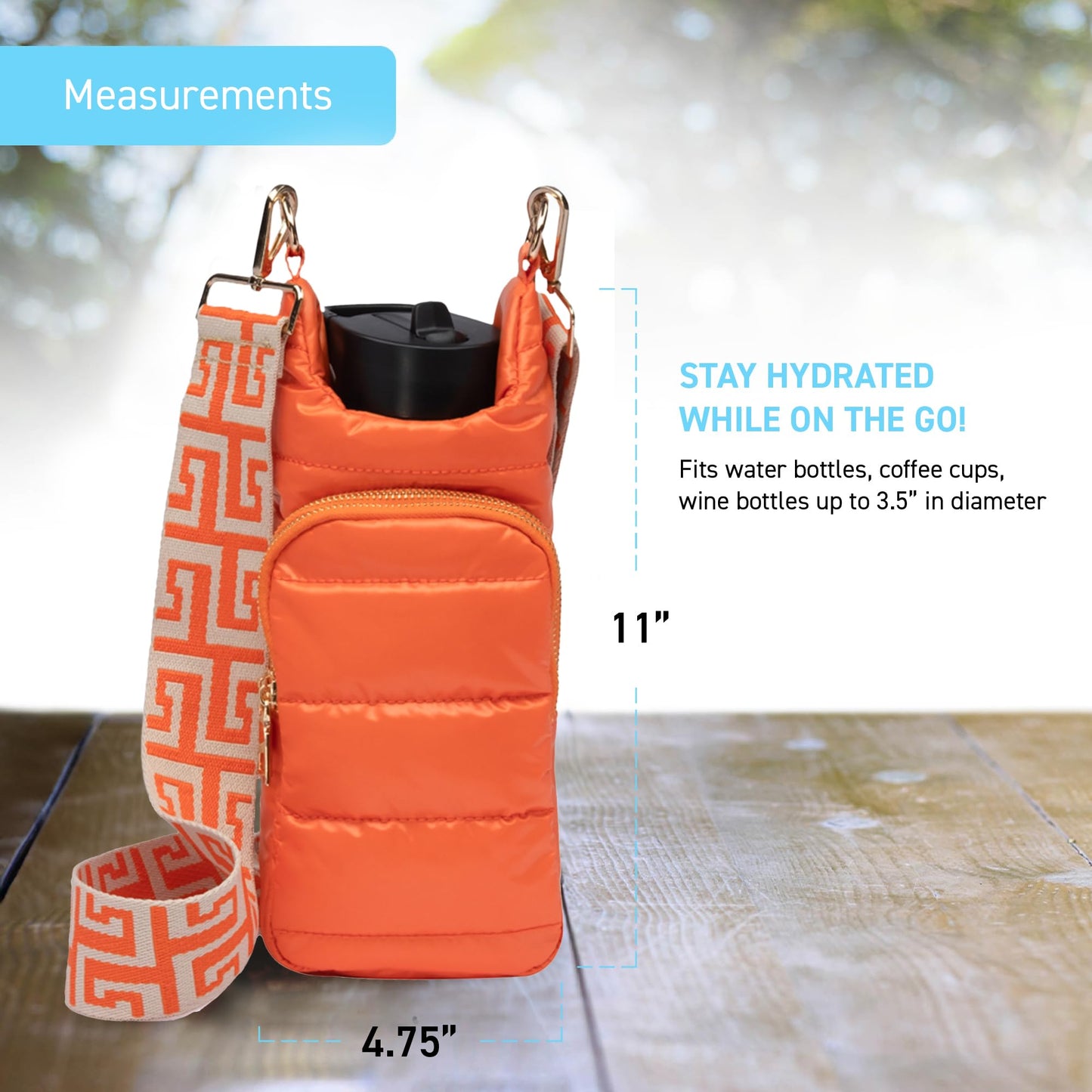 WanderFull Original Crossbody HydroBag | Quilted Water Bottle Carrier | Puffer Tote Tumbler Holder with Pockets for Purse, Phone & Accessories | Carry Travel Essentials (Orange/Patterned Strap)