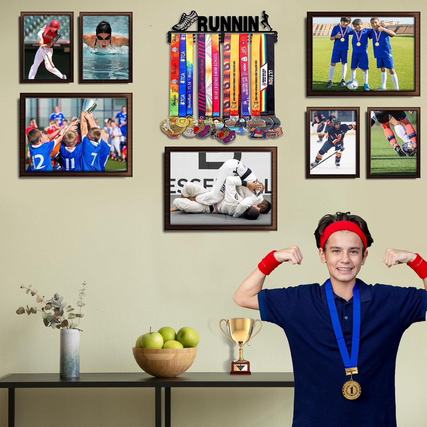 Personalized Medal Holder with Name Display Rack - Premium Metal Sports Race Plaques Hanger for Wall Mount, Holds Up to 60 Medals, for Athletes,White