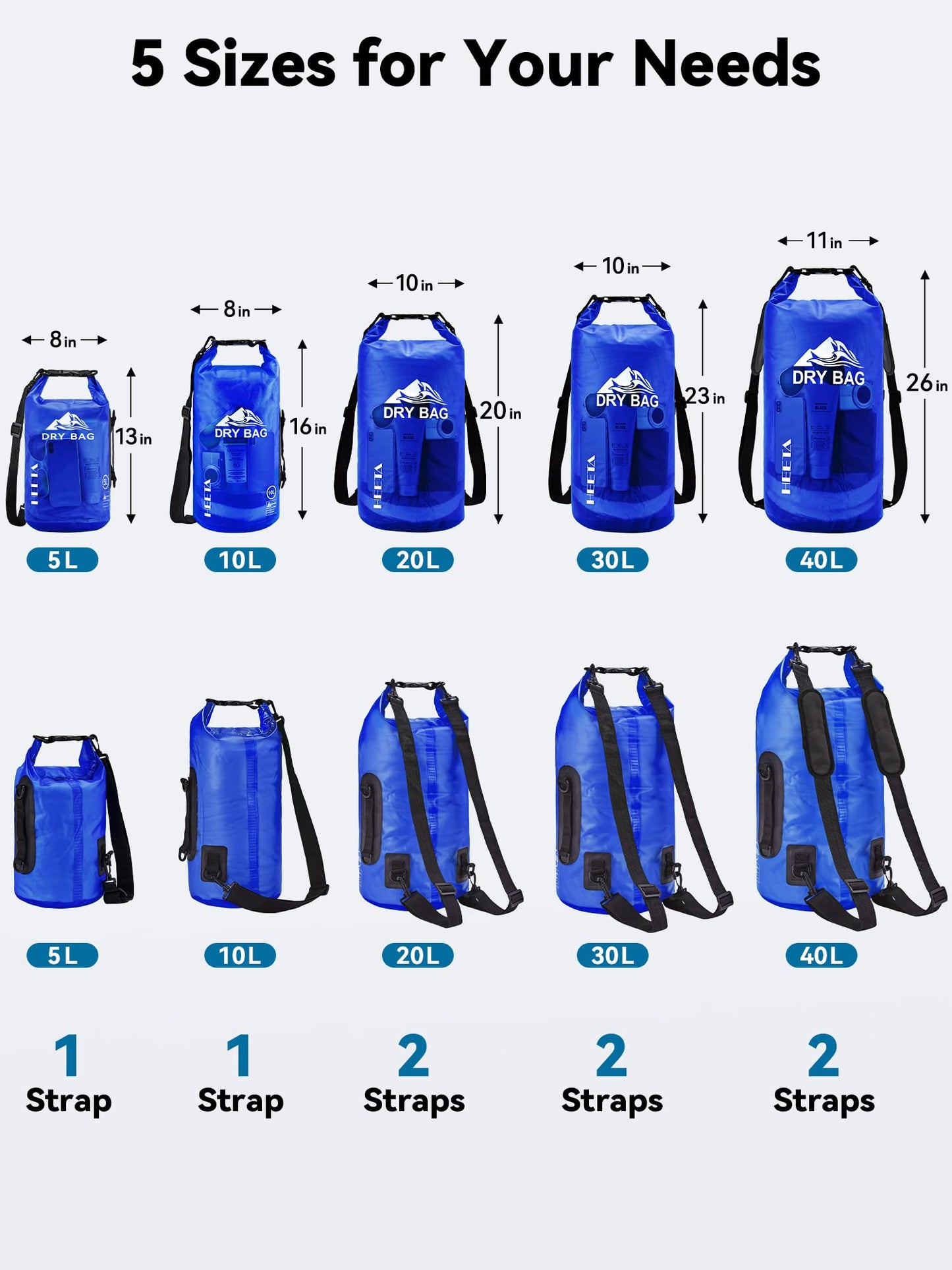 HEETA Waterproof Dry Bag for Women Men, 5L/10L/20L/30L/40L Roll Top Lightweight Dry Storage Bag Backpack with Phone Case for Travel, Swimming, Boating, Kayaking, Camping and Beach (Navy Blue, 5L)