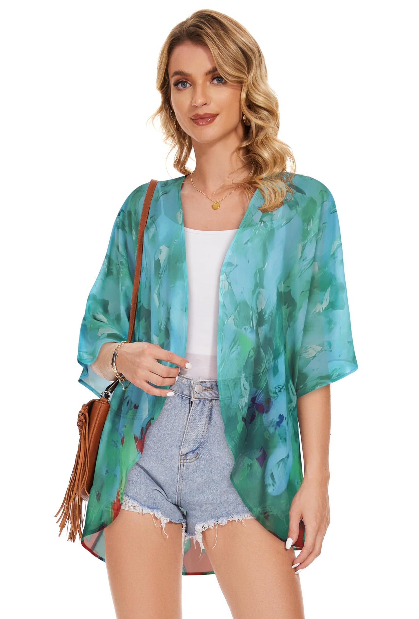 Womens Short Cardigans Casual Oversized Open Front Kimono Tops Bathings Suit Cover-ups (Teal Blue Print, S)