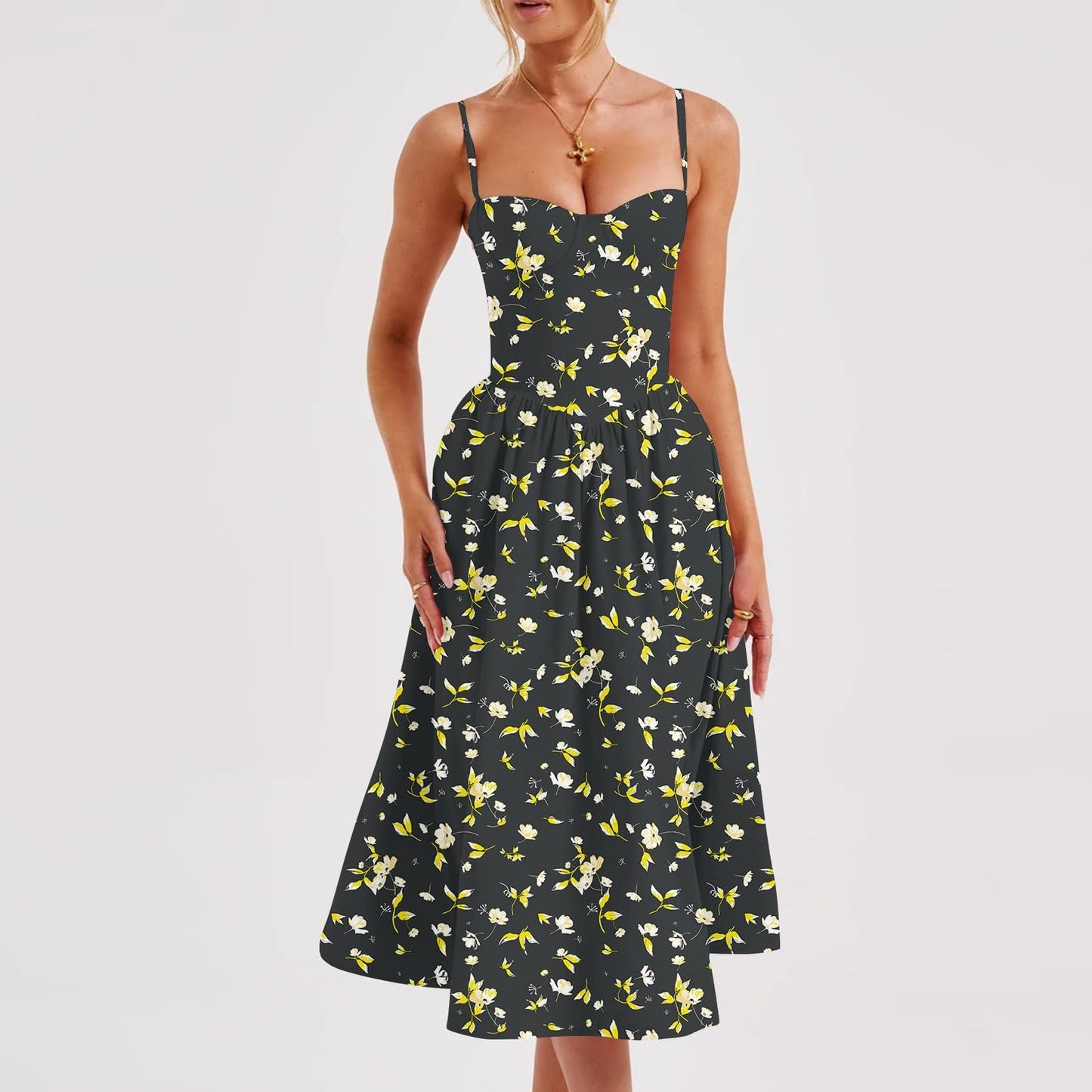 Elegant Cocktail Dresses for Women Summer Spaghetti Strap Bustier Midi Dresses Flowy Pleated Hem Low Cut Sundress with Pockets Womens Corset Dress Formal Mother of The Bride Dresses for Wedding