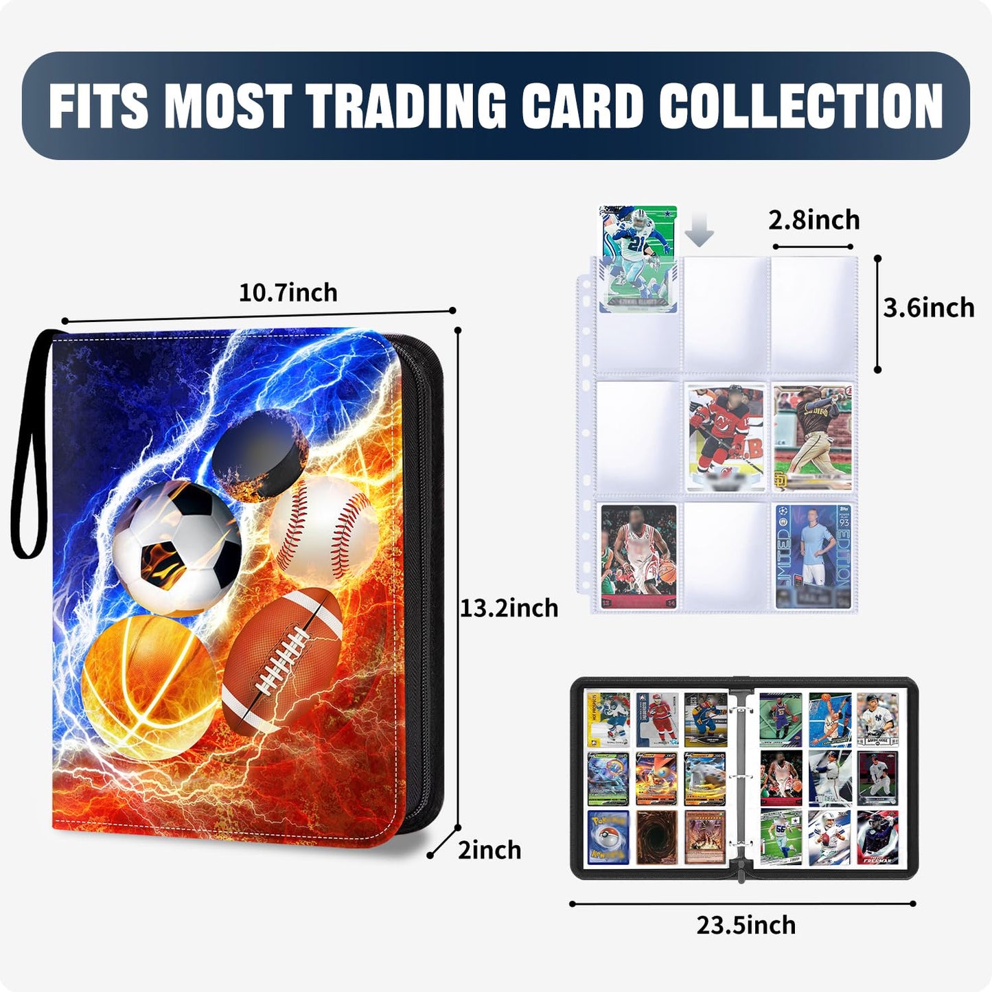 LOMONEH Sports Card Binder 9 Pocket Fits 900 Cards, Trading Card Binder Album Display Holder with 50 Removable Sleeves for Hockey, Basketball, Baseball, Football, Yugioh, MTG, Games Trading Cards