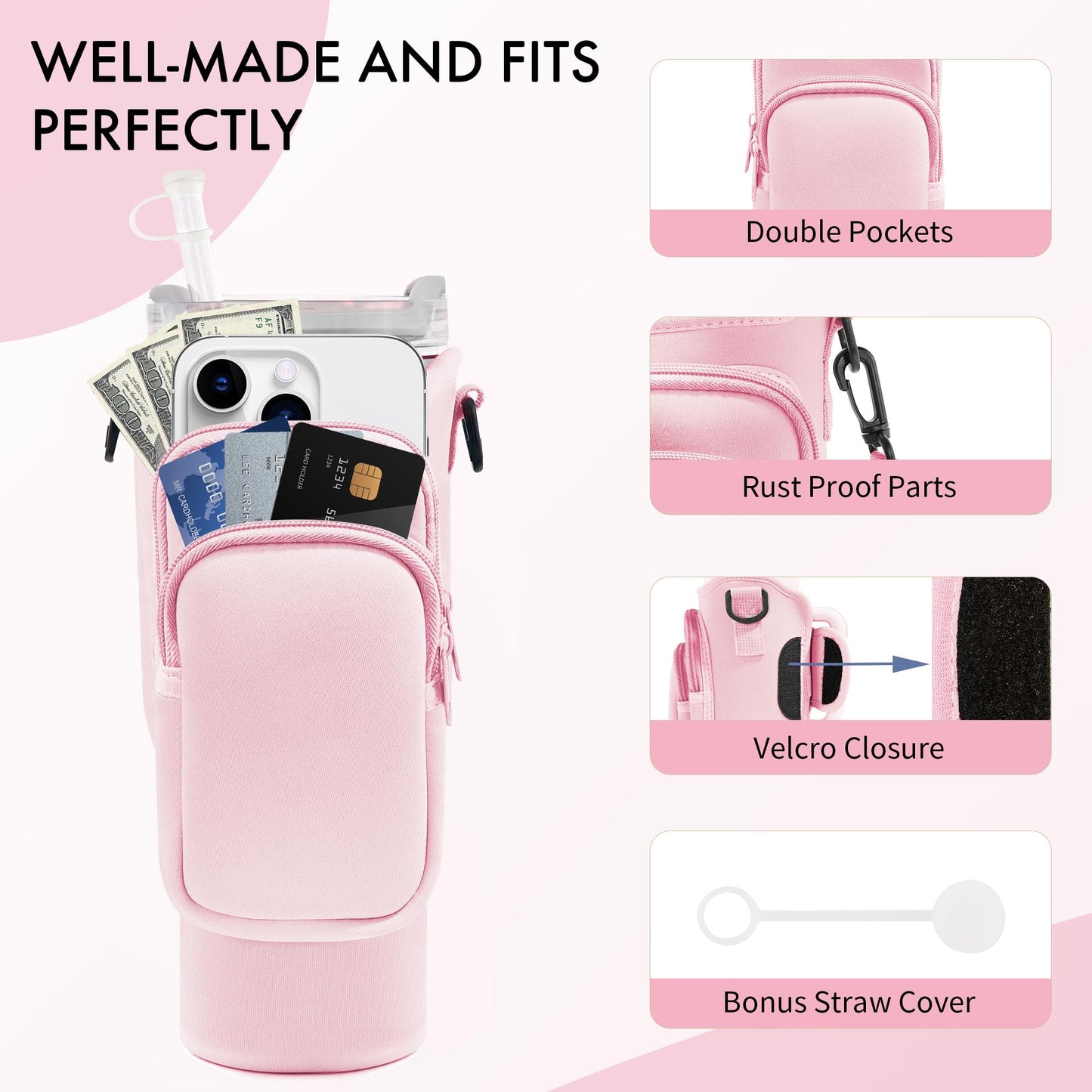 JEBEALUO Water Bottle Carrier Bag with Phone Pocket for Stanley Cup 40/30 oz, Water Bottle Holder with Adjustable Strap& Straw Cover, Stanley Cup Accessories (Pink)