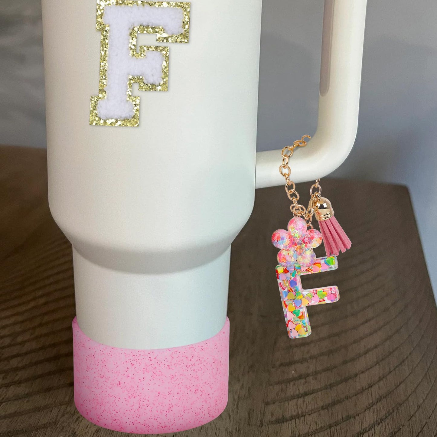 LA KEN DU Use for Stanley Cup Accessories Charms 40oz 30oz,Compatible with Stanley Cup Letter Charms for Handle Silicone Boot,Straw Cover Topper & Sticker(F)