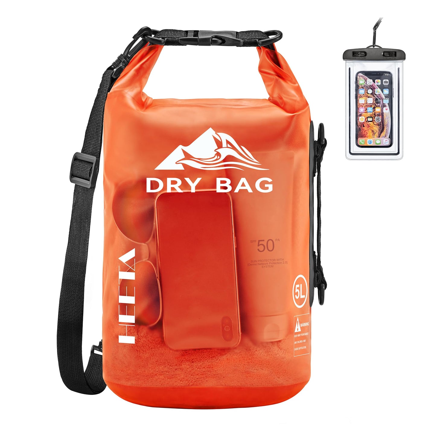 HEETA Waterproof Dry Bag for Women Men, Roll Top Lightweight Dry Storage Bag Backpack with Phone Case for Travel, Swimming, Boating, Kayaking, Camping and Beach, Transparent Orange 5L