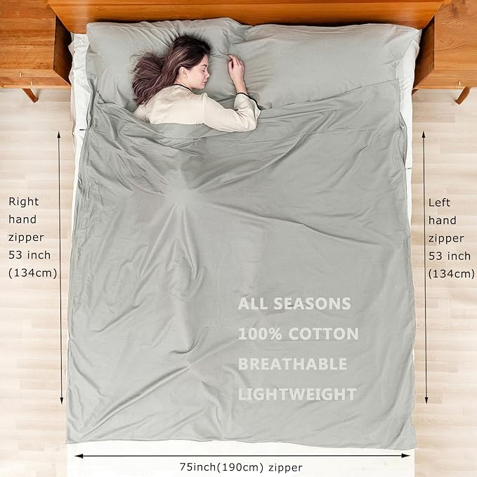 100% Cotton Sleeping Bag Liner with Full Length Zipper on 3 Sides; Single/Double Adult Sleep Sack for Travel & Camping, Multifunctional Travel Sheets (Unzipped 87”x87”) for Hotel, Lightweight
