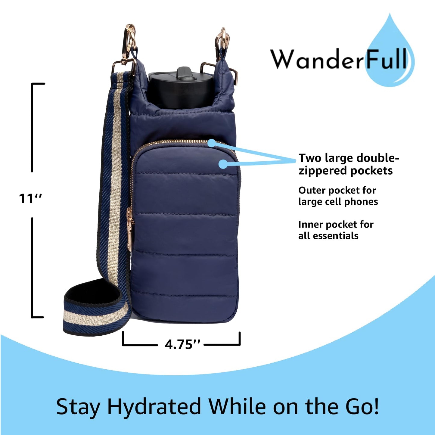 WanderFull Original Crossbody HydroBag | Quilted Water Bottle Carrier | Puffer Tote Tumbler Holder with Pockets for Phone & Accessories | Carry Travel Essentials (Navy Matte/Navy Gold Striped Strap)