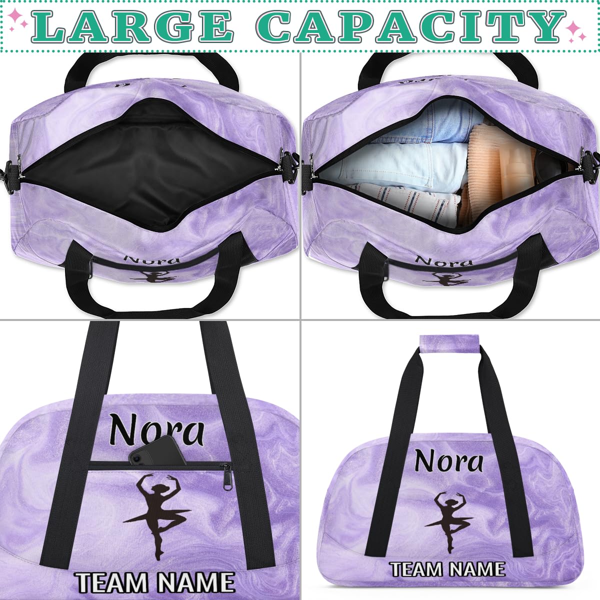 Voloreju Personalized Dance Gym Bag Cheer Bags for Girls Customize Travel Duffle Bag Foldable Sports Bag Kids Ballet Bag