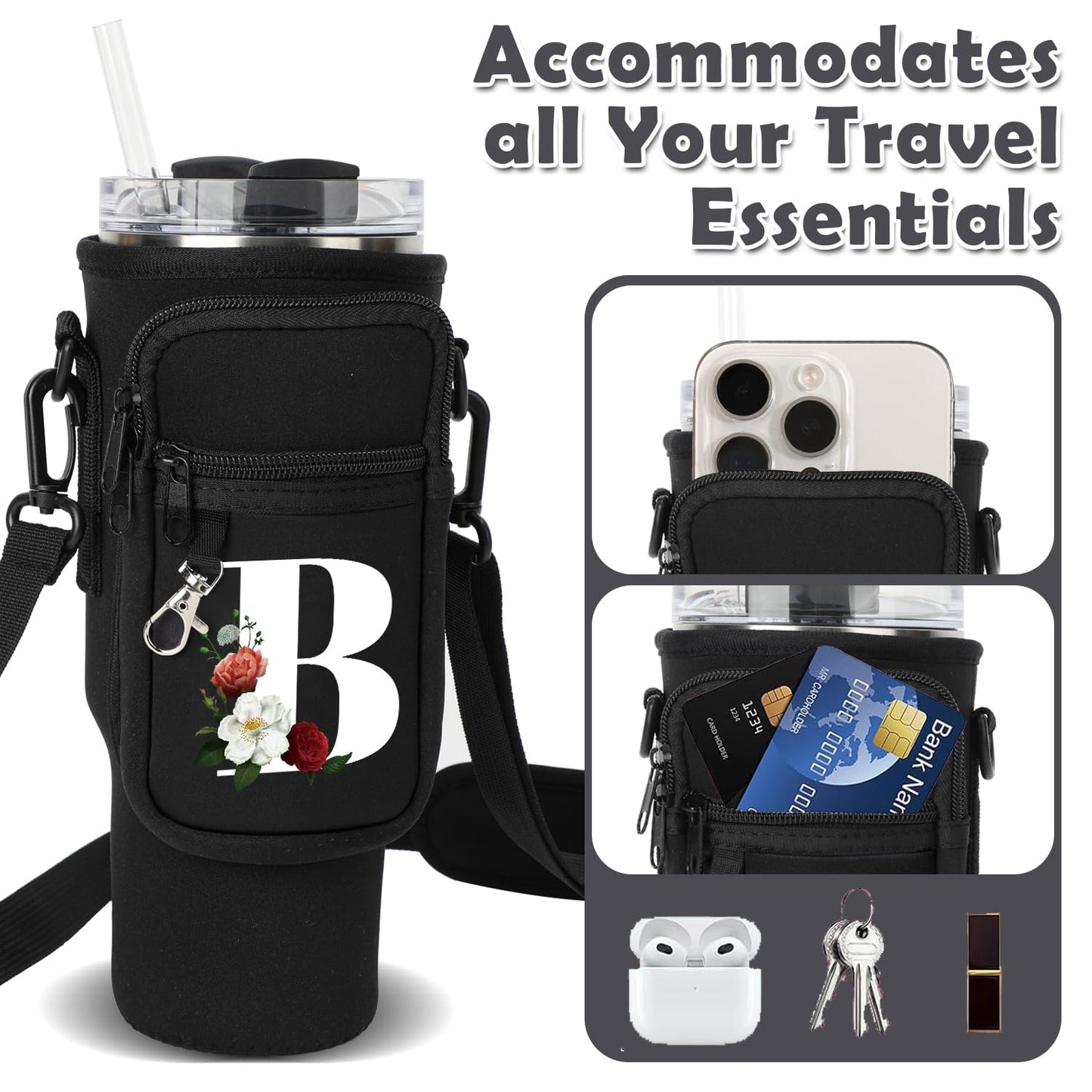 Water Bottle Carrier Bag with Strap Pouch for Stanley 40 oz Tumbler Cup Accessories, Neoprene Water Bottle Holder Phone Pocket Personalized Initial A-Z Flower Design Mother's Day Gift (B, Black)