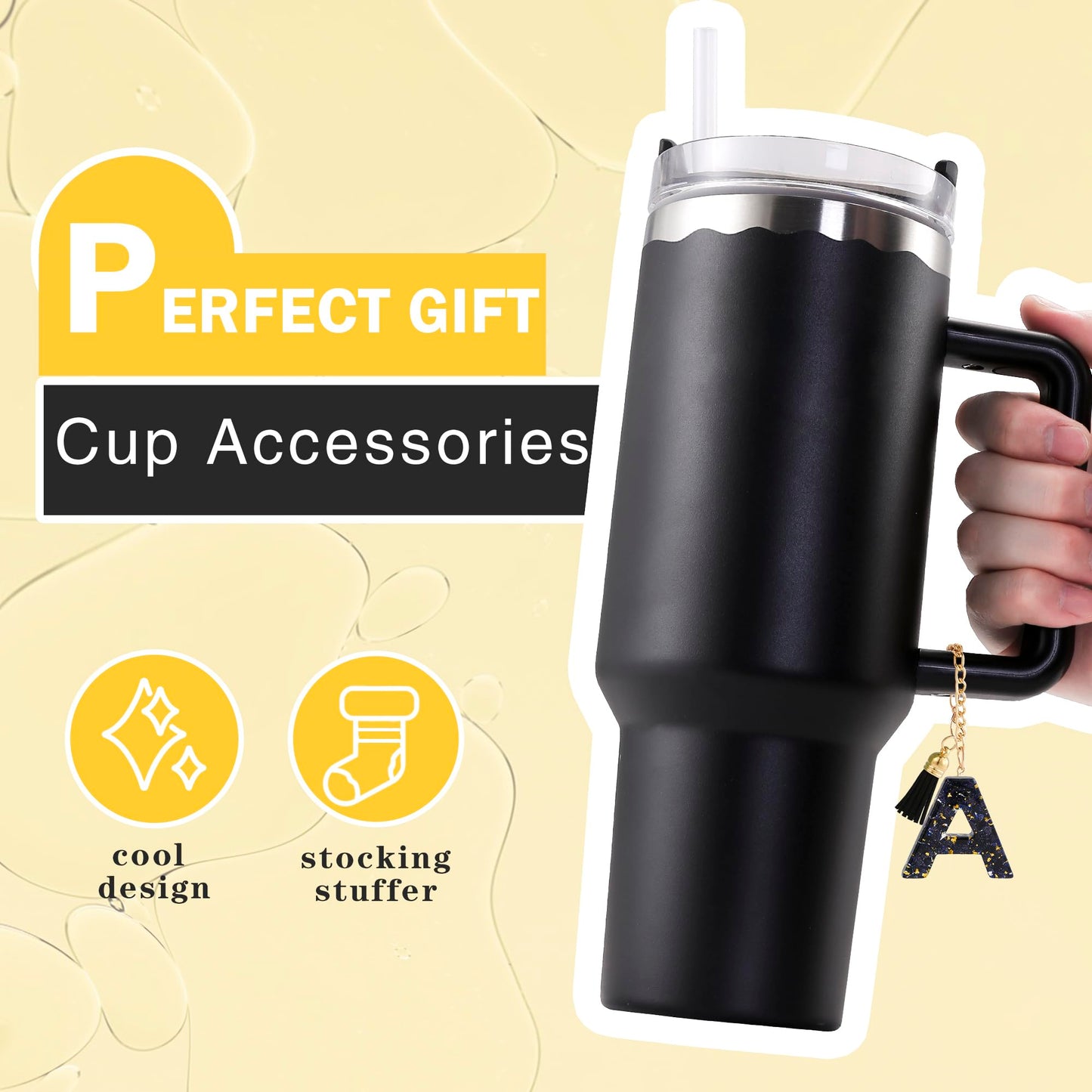 Letter Charm Accessories for Stanley Cup 1 PCS Cute Initial Keychain Handle Charm for Stanley Tumbler for Women Black Letter M