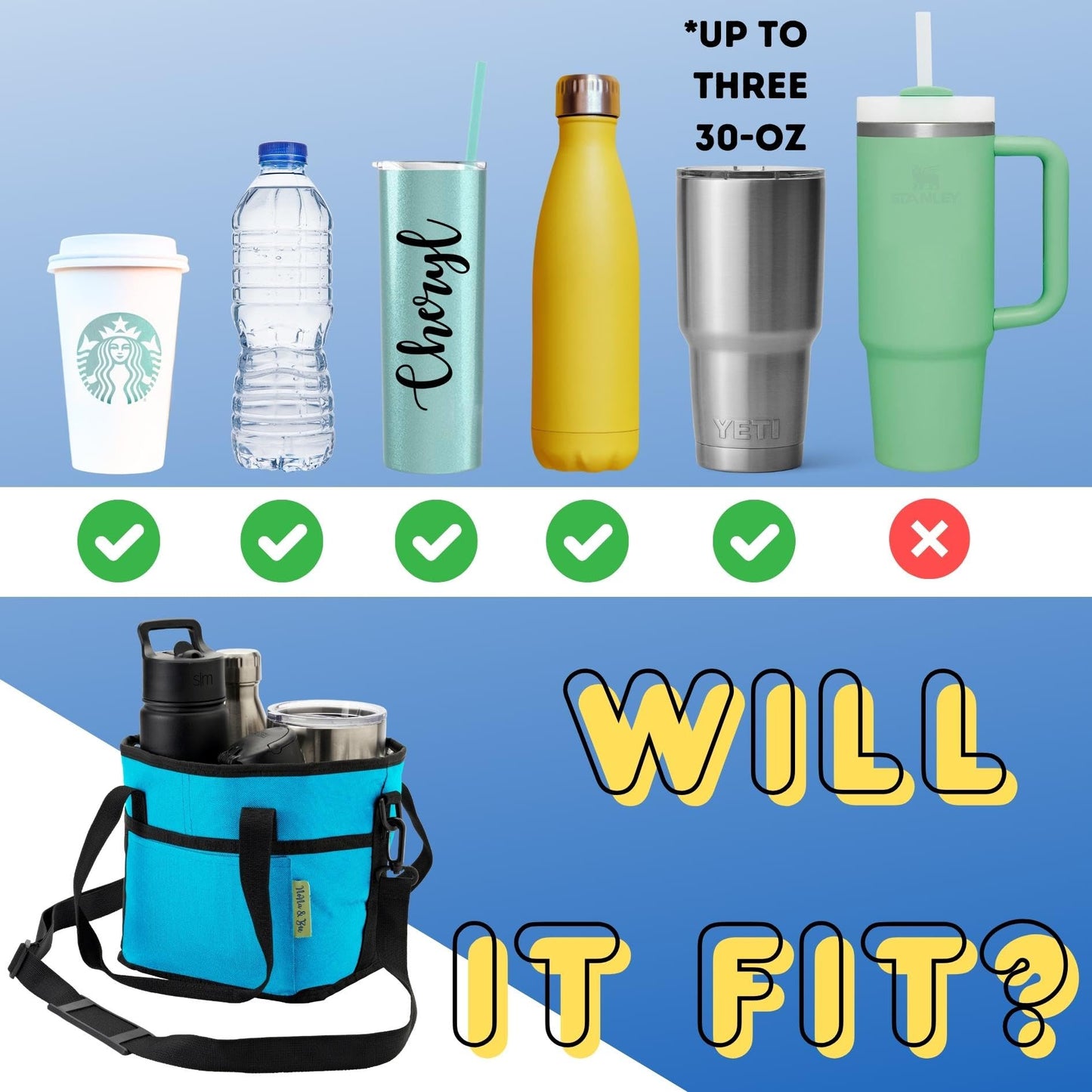 4 Water Bottle Holder with Strap | Family Size 4 Compartment Drink Bag, Multiple Tumbler Carrier Caddy | Adjustable Fits Large & Small Drinks | Hands Free, Won't Tip Over in Car (Blue)