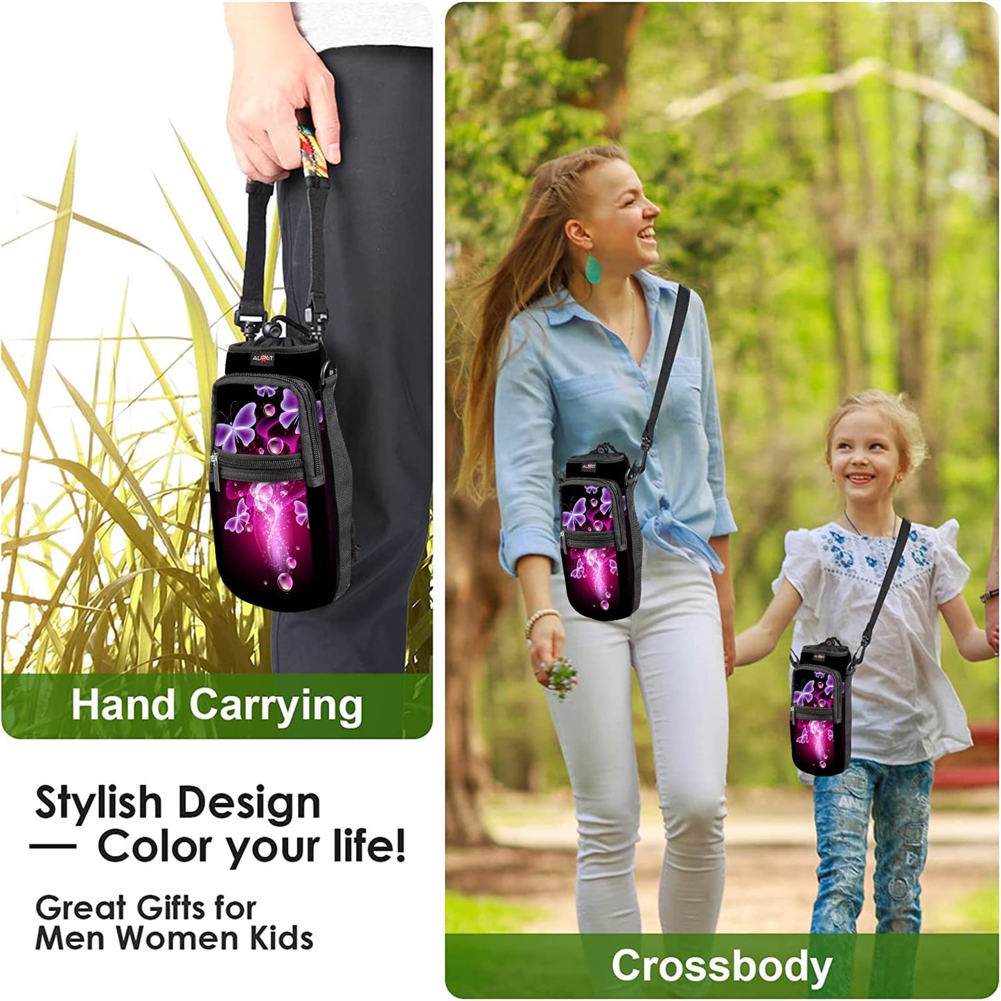 AUPET Water Bottle Sling Bag Sleeve Holder Carrier 25/32/40/64 oz,Insulated Crossbody Water Bottle Case Cover with Strap and Pockets for Men/Women Walking Hiking Camping (25oz, Green camouflage)