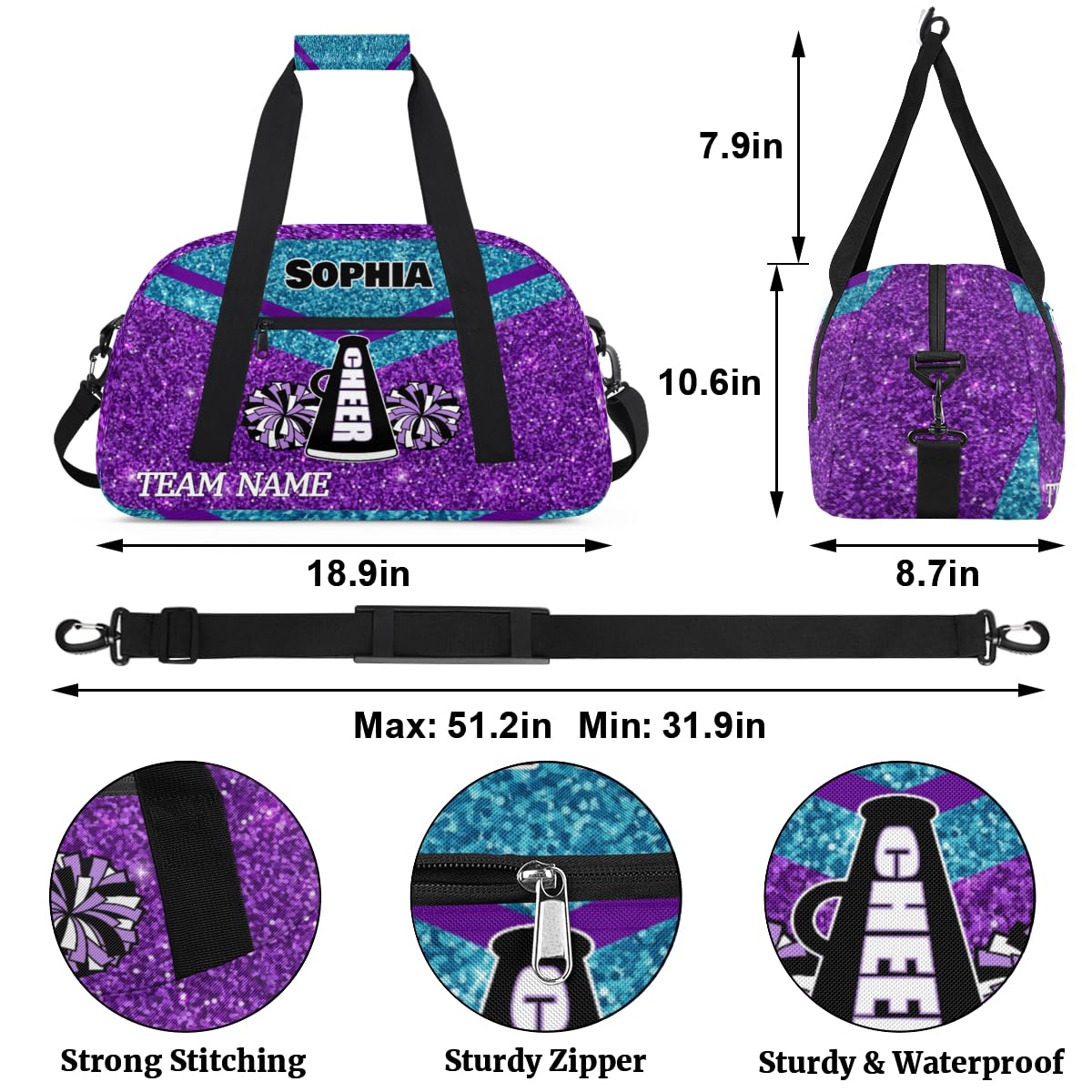 Voloreju Personalized Name Glitter Cheer Bags for Girls Boy Customize Travel Duffle Bag Foldable Sports Bag Kids Gym Bag