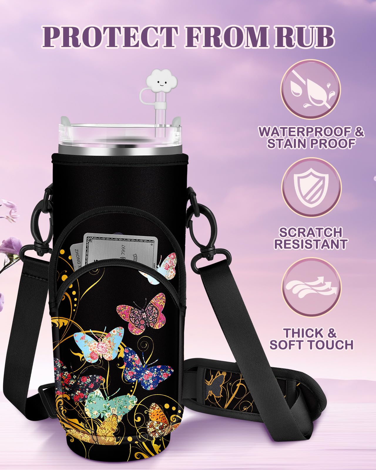 Toykee Water Bottle Holder Carrier Bag for Stanley 40 OZ Tumbler with Strap Phone Pocket, Wrap Around Drink Cup Purse Pouch with Straw Cover Cleaner Brush Accessories Colors Butterfly Print
