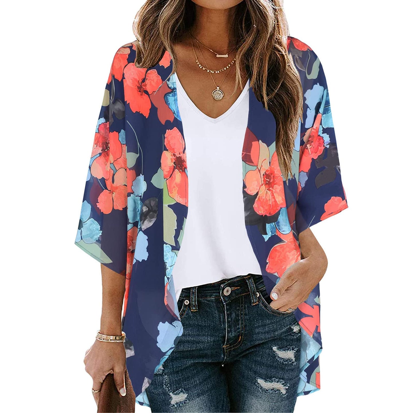 Floral Kimono,Women's Floral Print Puff Sleeve Kimono Cardigan Loose Cover up Casual Blouse Tops Labor Day Sale