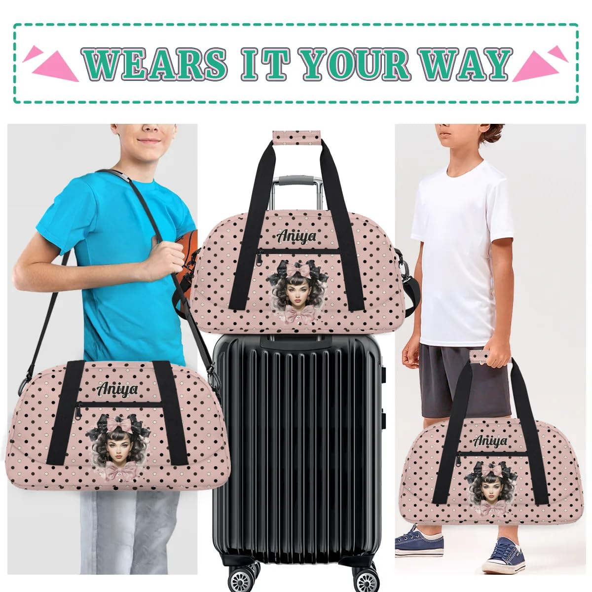 Personalized Gym Bag for Kids Girls, Bow Knot Girl Custom Small Duffel Bag with Padded Handles Carry On Weekend Travel Bag for School Practice Ball Games