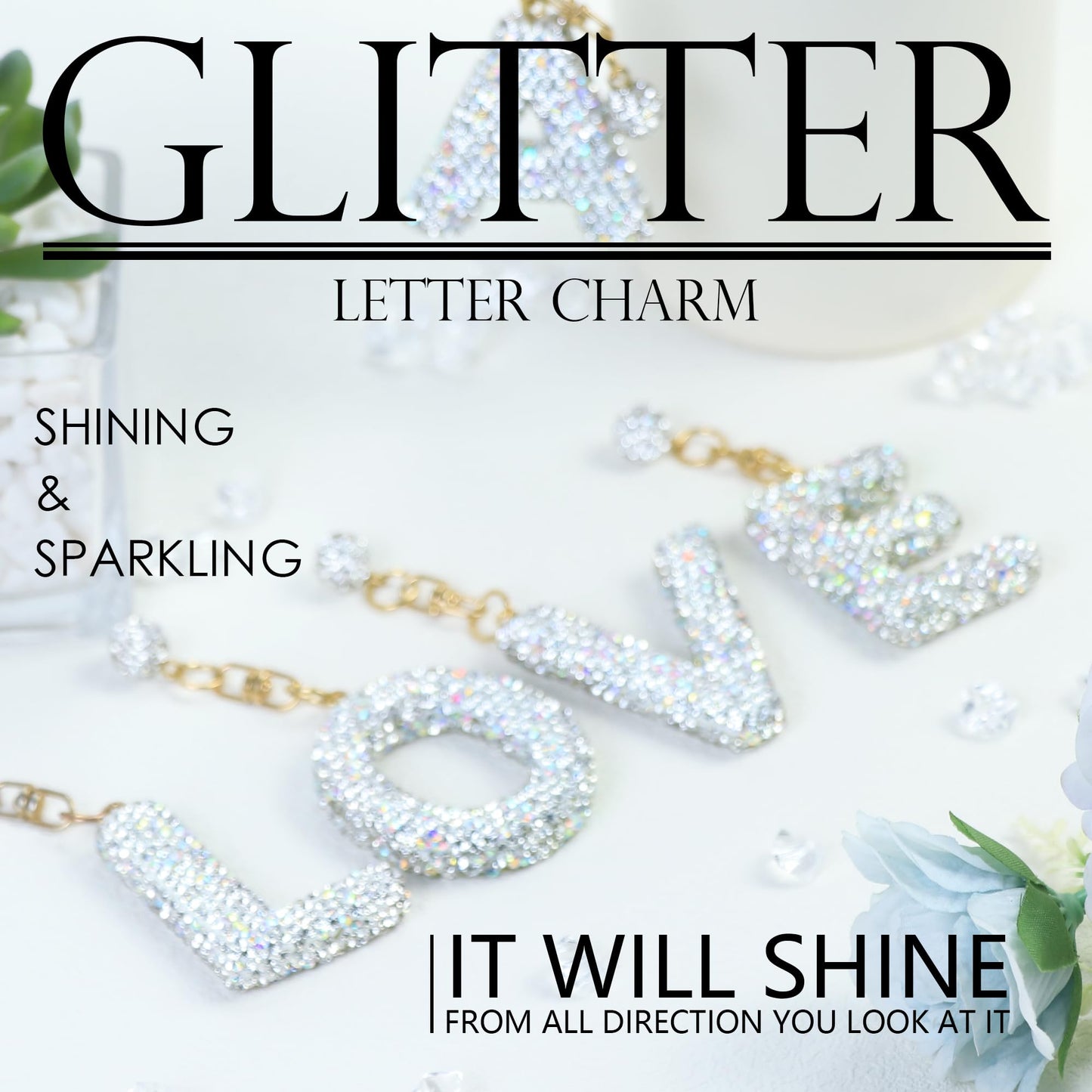 Mokoart Glitter Letter Tumbler Accessories for Stanley Cup, Water Bottle Chain for Stanley/Simple Modern Tumbler with Handle, Cute Initial Name ID with Bling Letter for Stanley Cup Accessories (O)