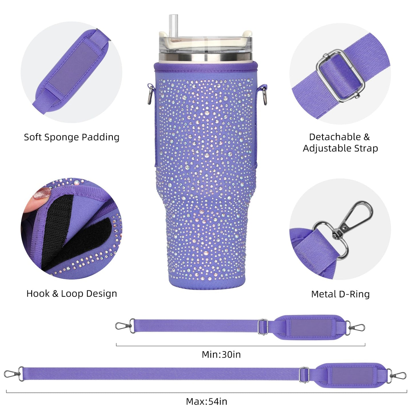 GOEWY Bling Water Bottle Carrier Bag for Stanley 40oz Tumbler Sparkling Rhinestone Water Bottle Holder with Adjustable Strap Neoprene Water Bottle Pouch for Stanley Cup Accessories
