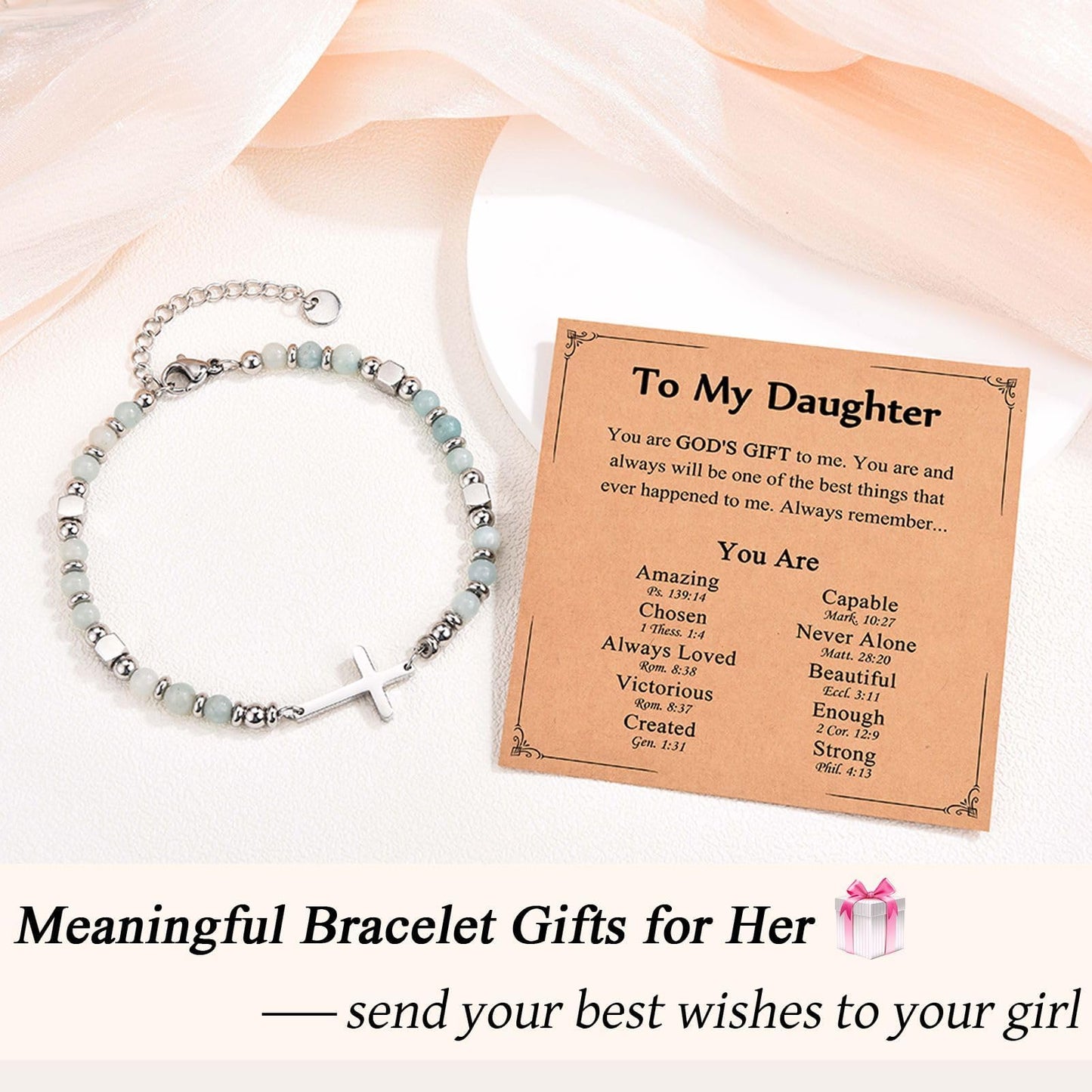 IKIATY Daughter Gifts from Mom Dad, Christian Cross Bracelet Jewelry for Teenage Girls, Daughter Birthday Gifts Easter Basket Christmas Stocking Stuffers Valentines Day Gifts for Teens Girls Women