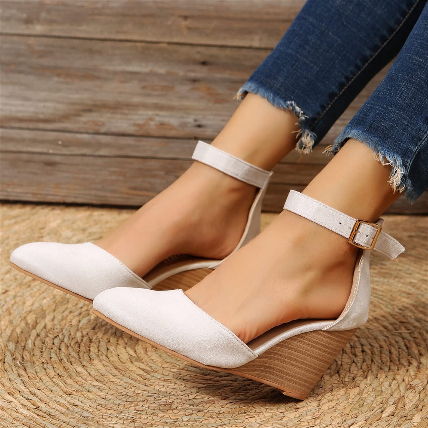 Women's Close Toe Espadrilles Wedge Sandals, Comfort Strappy Platform Slides Sandals Comfy Walking with Arch Support 02_Beige, 42