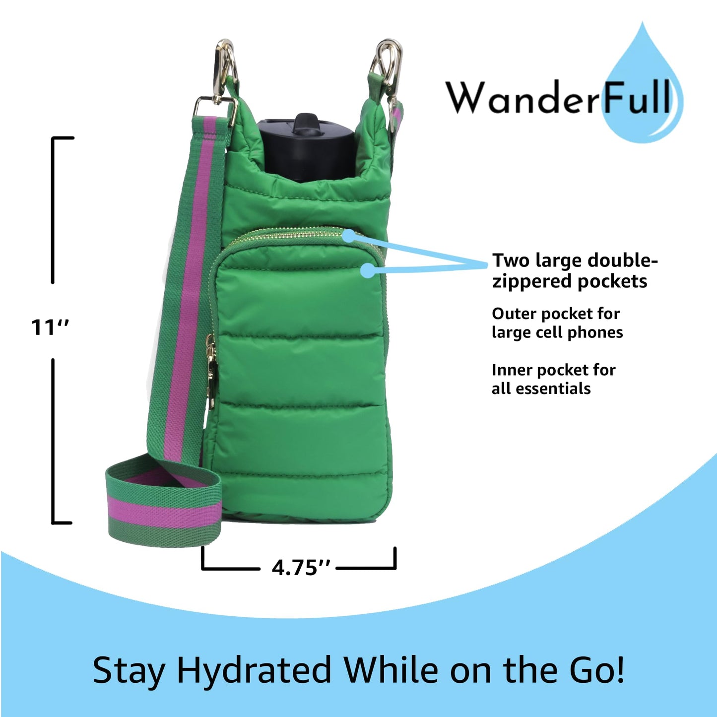 WanderFull Original Crossbody HydroBag | Quilted Water Bottle Carrier | Puffer Tote Tumbler Holder w/Pockets for Purse, Phone & Accessories | Carry Travel Essentials (Kelly Green Matte/Striped Strap)