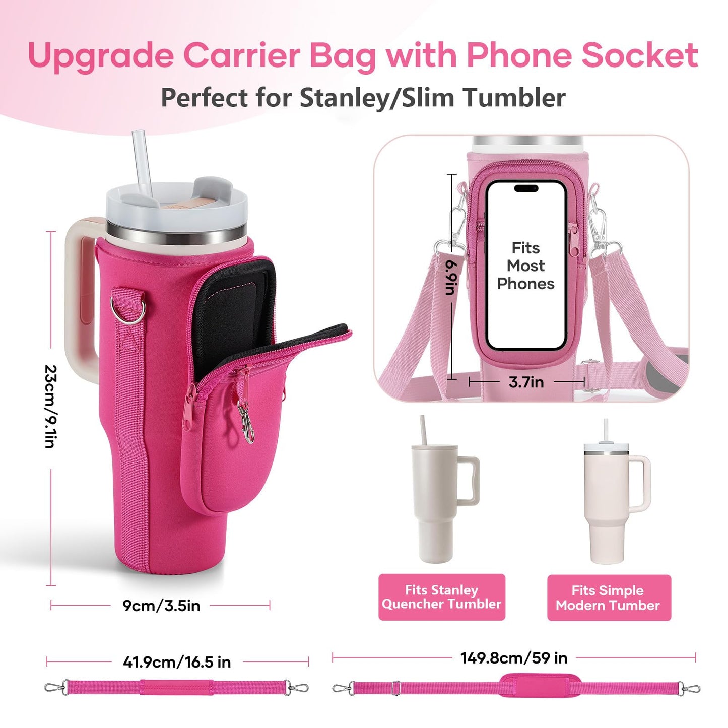 linmaya Water Bottle Carrier Bag with Phone Pocket for Stanley 40/30 oz Tumbler Neoprene Water Bottle Holder Pouch with 2 Adjustable Strap & 3 Leak Stoppers for Stanley Cup Accessories