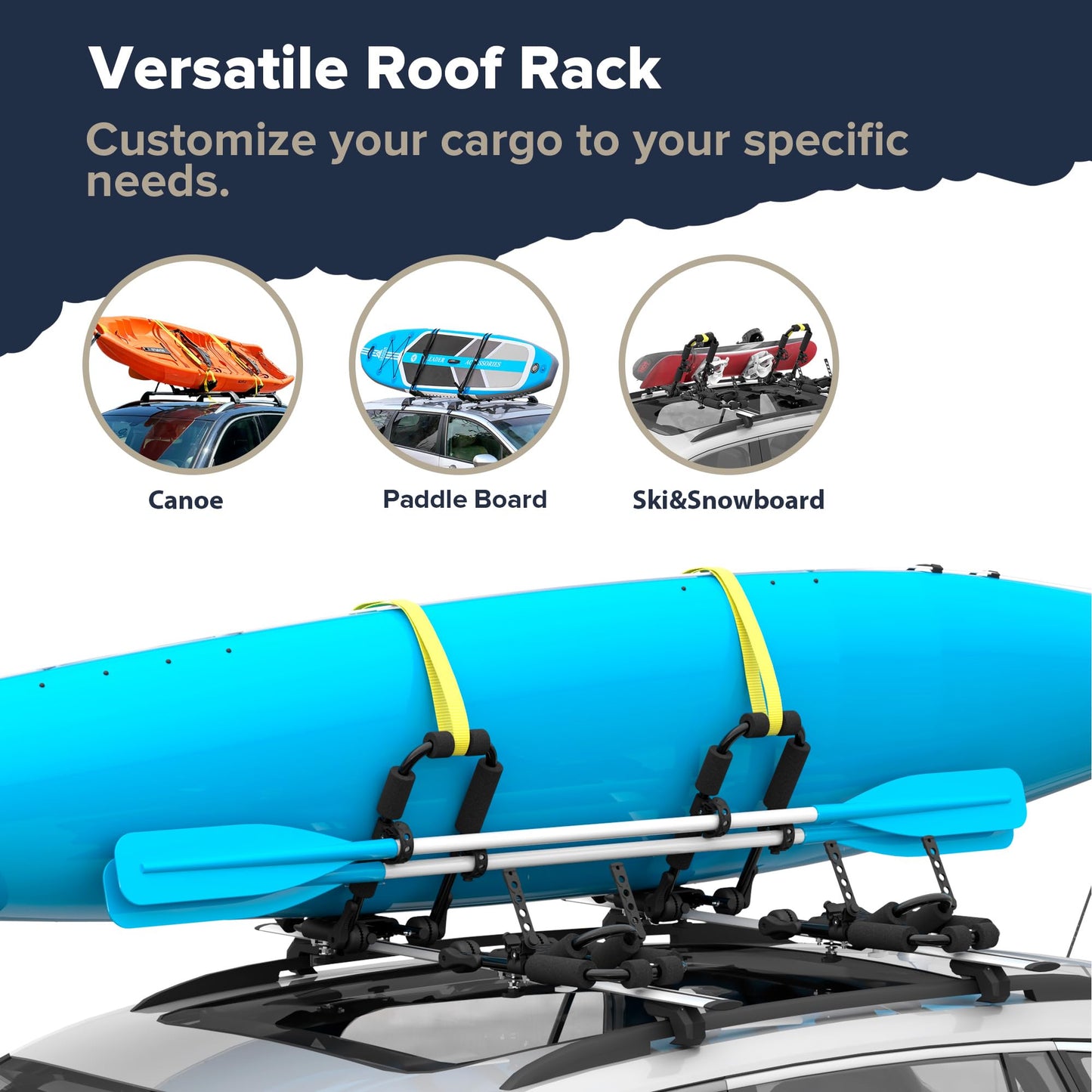 Arksen Universal 2 Pairs Heavy Duty Kayak Roof Rack J-Bar Easy to Carry Canoe Top Folding Adjustable Accessories for Car SUV Truck Crossbar with 4 pcs Top Mount Racks for Trip