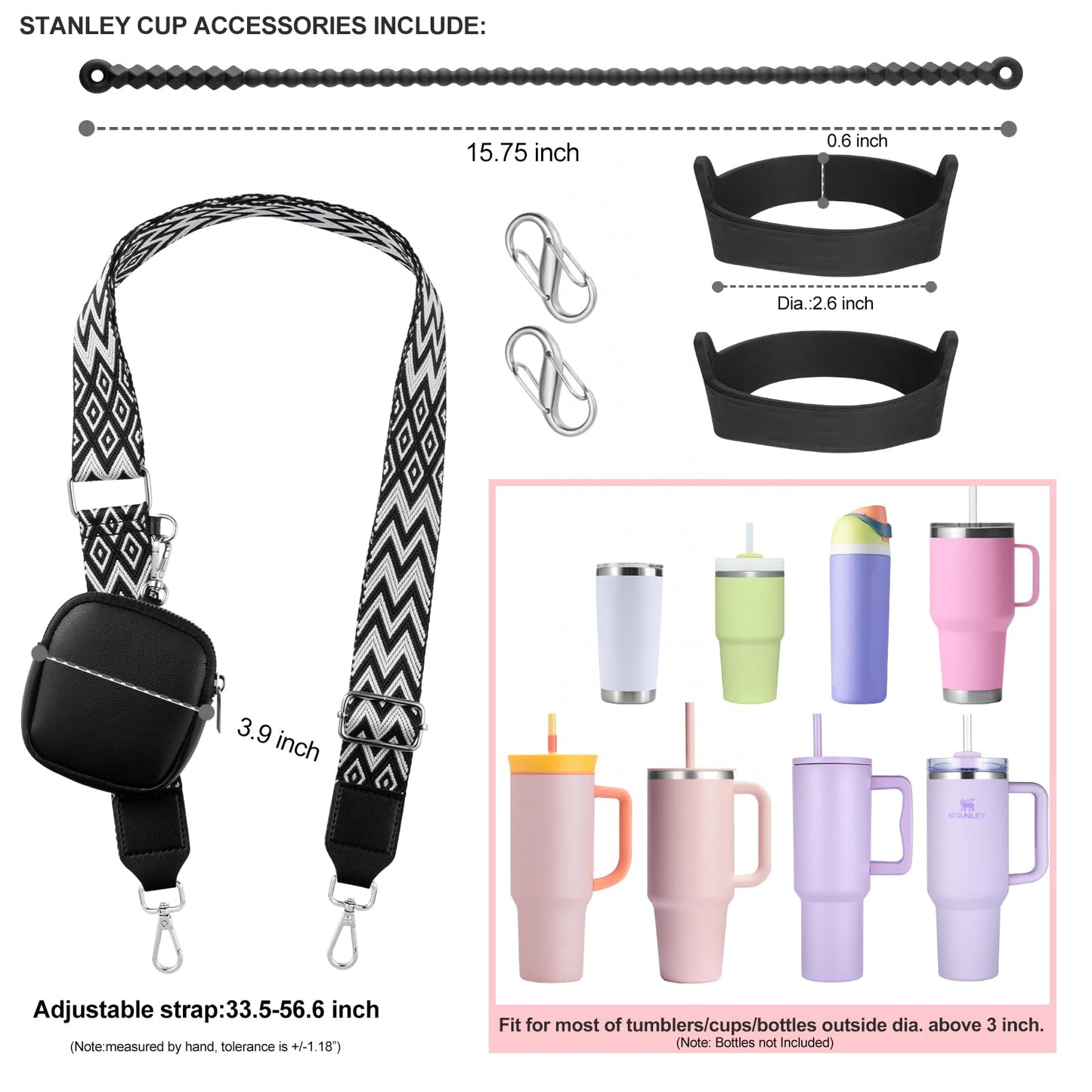 Water Bottle Handle for Stanley Cup Accessories 40 oz, Carrier with Shoulder Strap for Owala/Hydroflask/Simple Modern/Yeti Tumbler, Holder with Wallet for Stanley Cup 30 oz 20 oz
