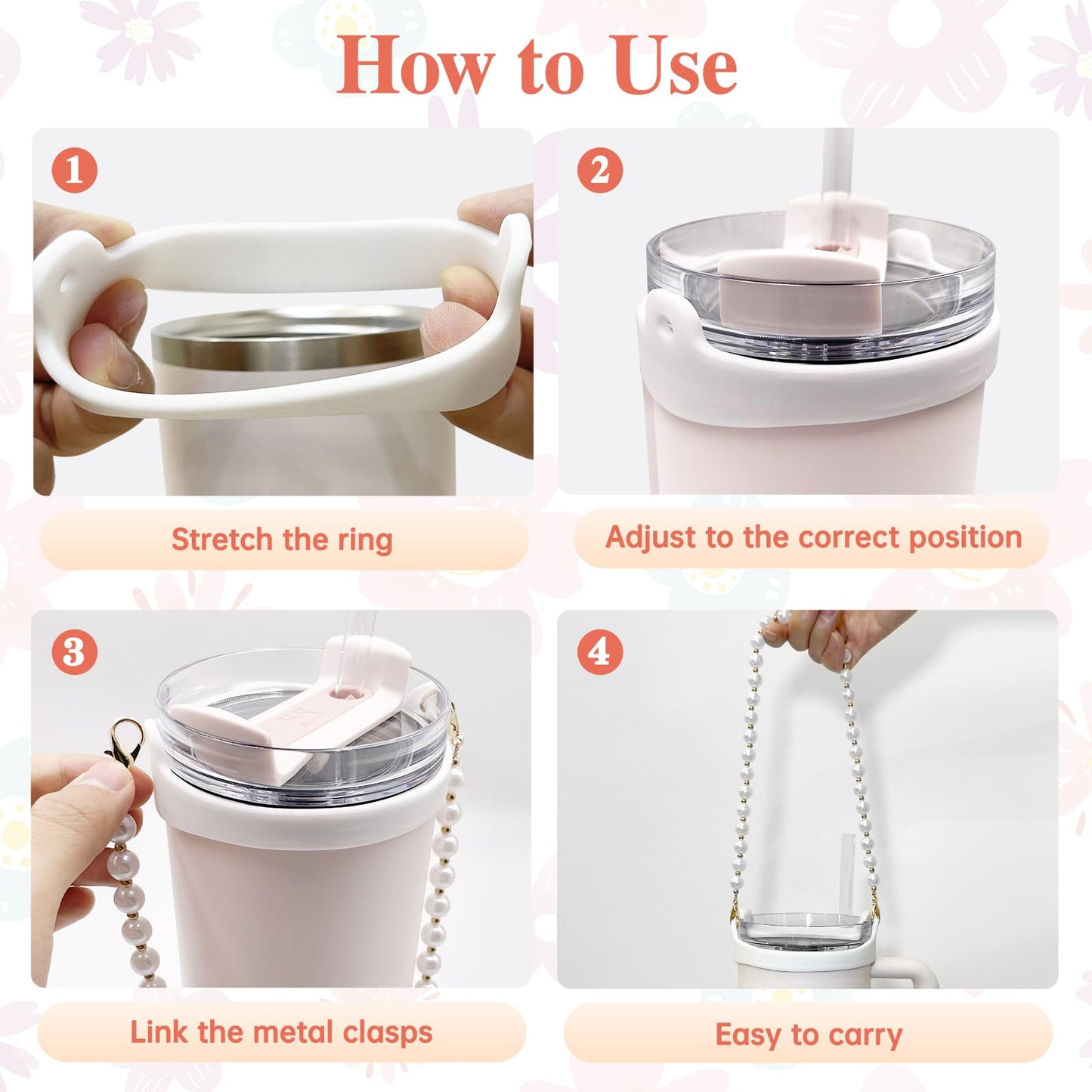 Lingdeer Water Bottle Handle with Lip Balm Holder, Pearl Water Bottle Sling Holder Lanyard, Carrier with Strap, Fits Most 8-40oz Bottles, Compatible with Stanley Cup Accessories