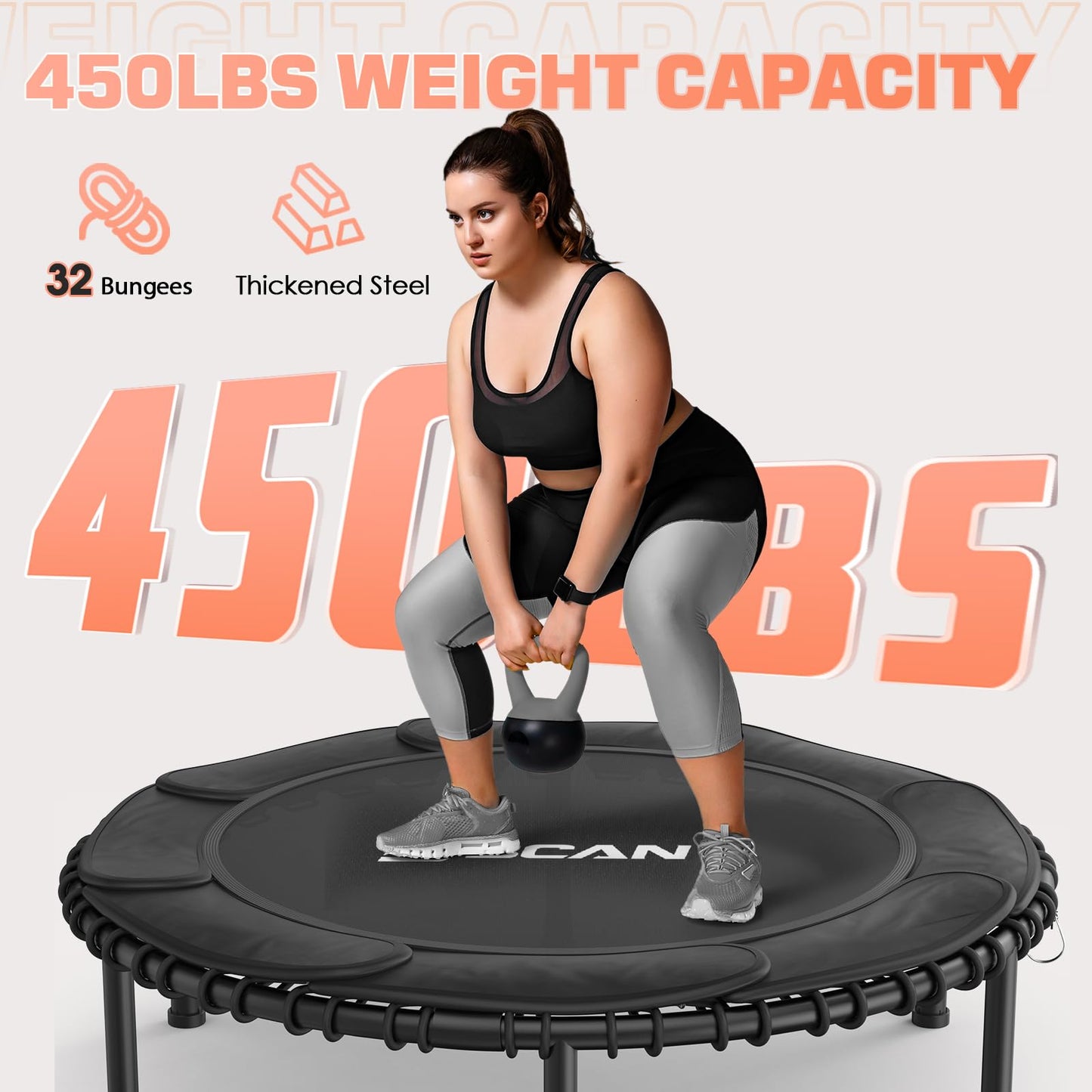 BCAN 450 LBS Foldable Mini Trampoline, 40" Fitness Trampoline with Adjustable Handle Bar, Bungees, Stable & Quiet Exercise Rebounder for Kids Adults Indoor/Garden Workout-Black