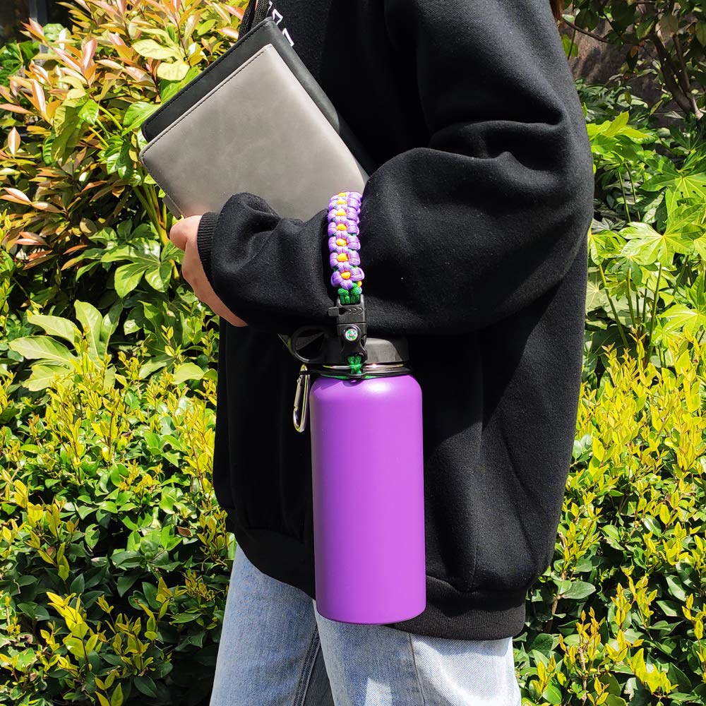 Paracord Handle - Fits Wide Mouth Bottles 12oz to 64oz - Durable Carrier, Paracord Carrier Strap Cord with Safety Ring,Compass and Carabiner - Ideal Water Bottle Handle Strap (Purple Orchid)