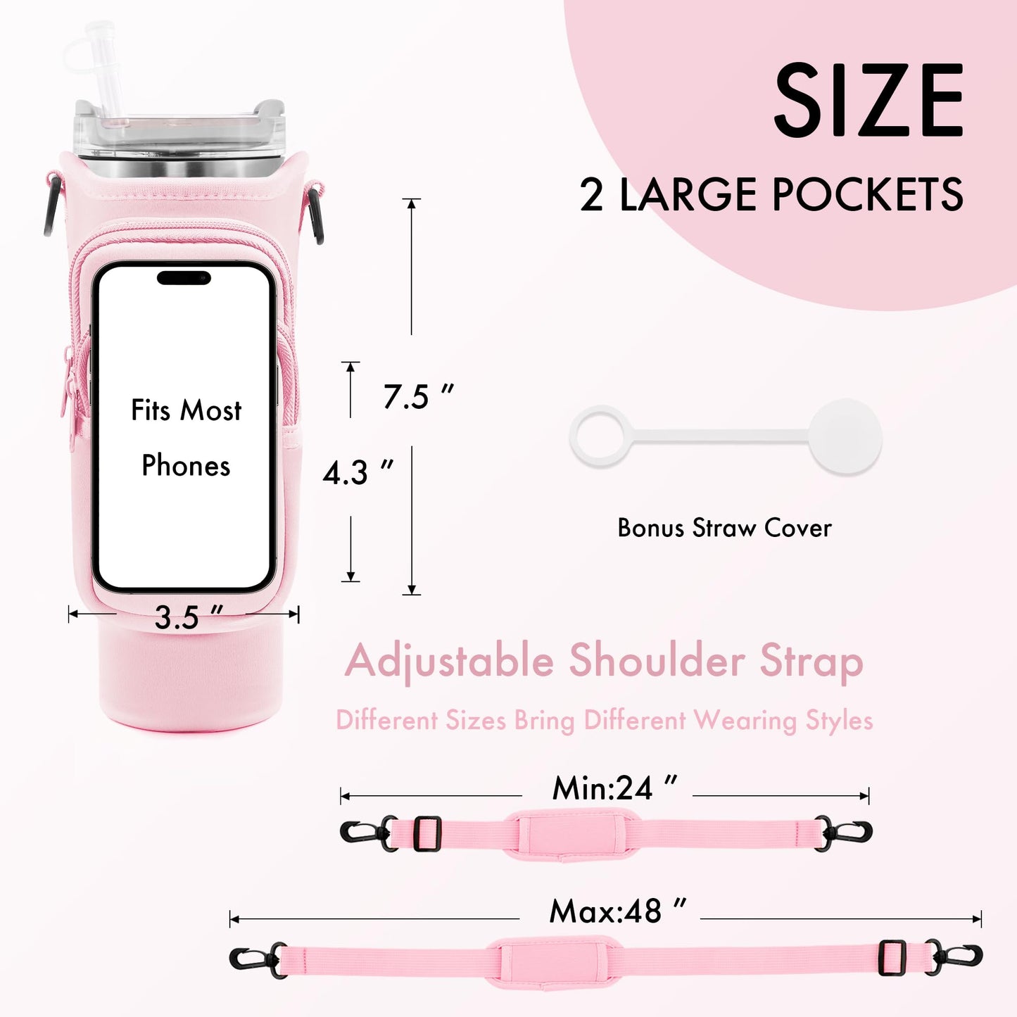 JEBEALUO Water Bottle Carrier Bag with Phone Pocket for Stanley Cup 40/30 oz, Water Bottle Holder with Adjustable Strap& Straw Cover, Stanley Cup Accessories (Pink)