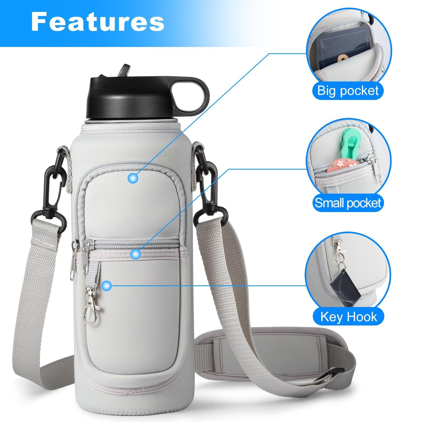 RRegeny Water Bottle Holder with Strap for Hydroflask 32oz 40oz Insulated Water Bottle, Carrier Sling Bag with Phone Pocket Water Bottle Sleeve for Men Women Hiking Camping Travelling