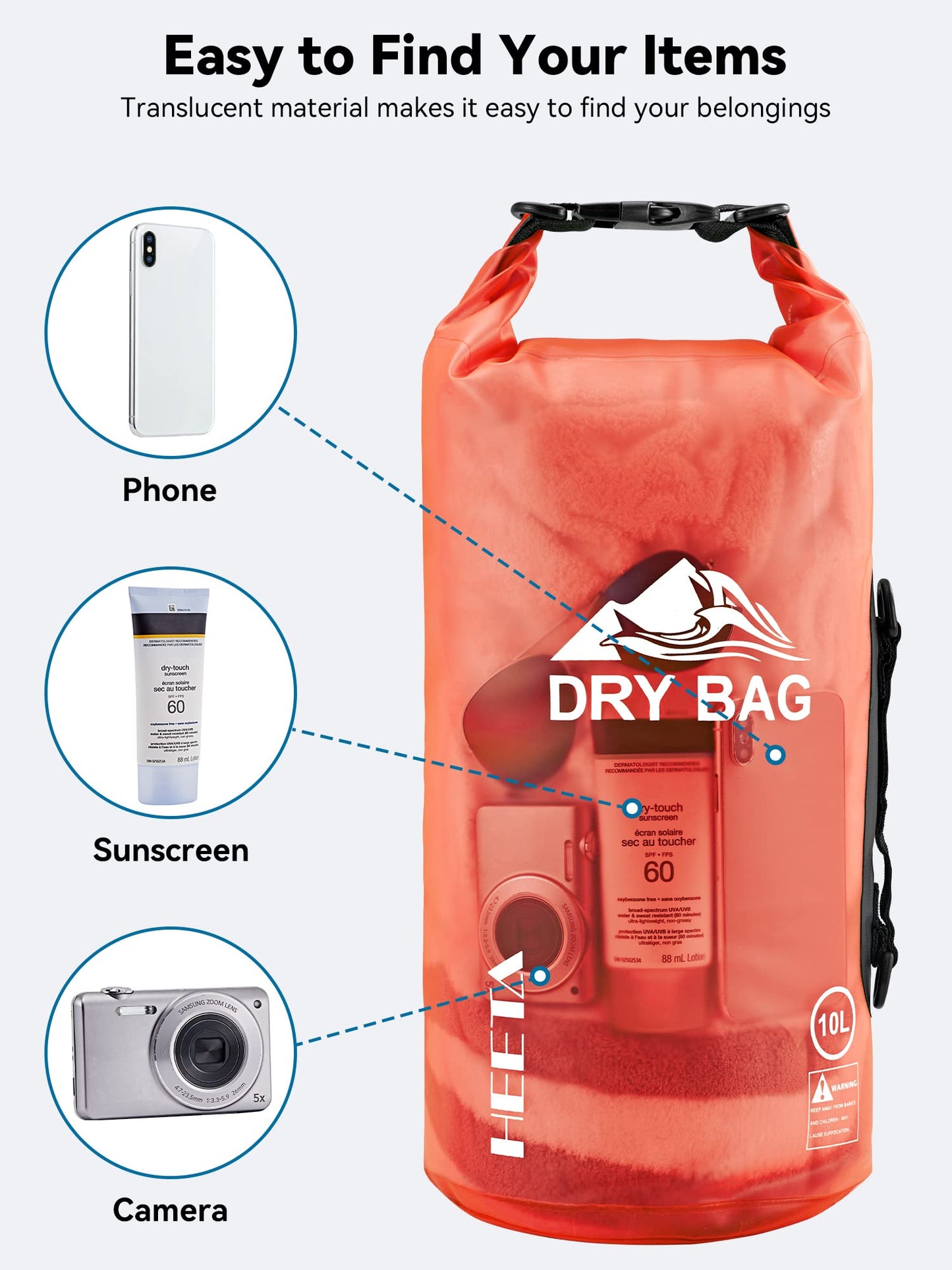 HEETA Waterproof Dry Bag for Women Men, Roll Top Lightweight Dry Storage Bag Backpack with Phone Case for Travel, Swimming, Boating, Kayaking, Camping and Beach, Transparent Orange 5L