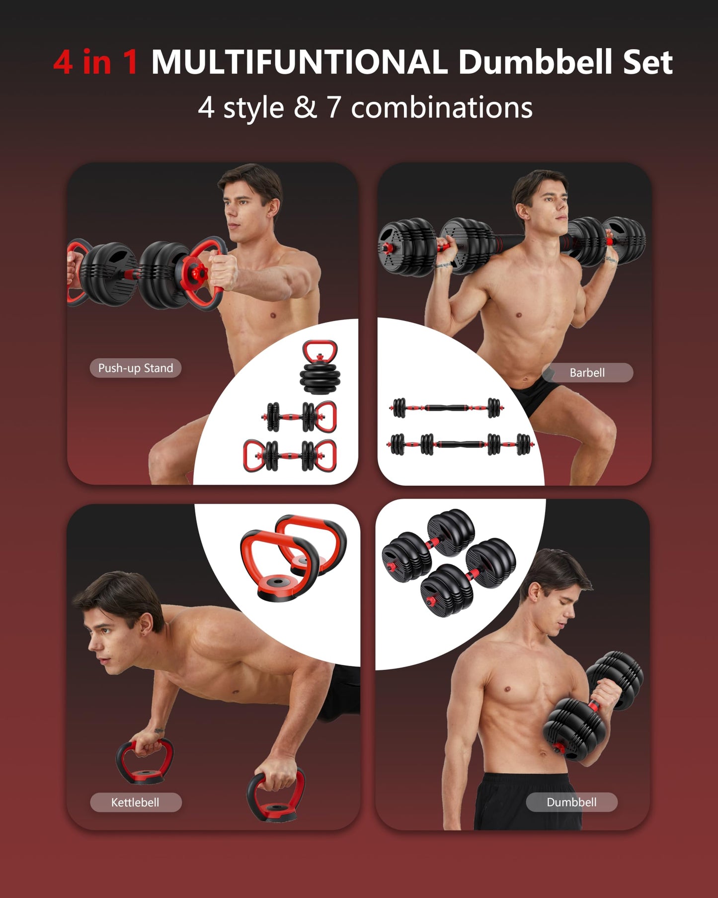 UNNMIIY Adjustable Dumbbell Set, 22LB/44LB/66/88LB Weights, 4-in-1 Dumbbell Set with Connector for Home Gym , Used as Dumbbell, Kettlebell, Barbell, Push-up Stand, Fitness Equipment for Men/Women (66, LB)