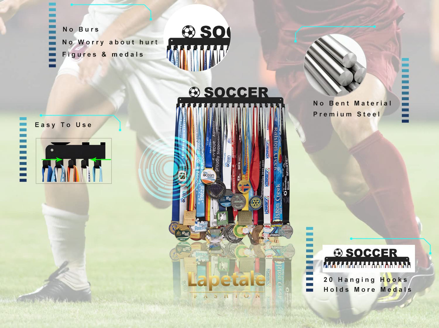 Lapetale Fashion Soccer Medal Hanger Display Medal Holder Hanger Display Rack,Easy Install Easy to Use,Soccer Medal Display Rack, Soccer Medal Hanger with 20PCS Hanging Hooks Upgraded Extension Hooks
