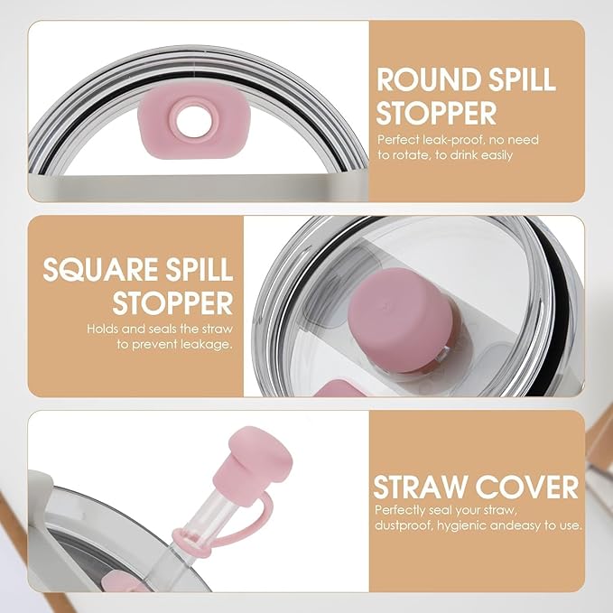 Silicone Spill Stopper Set of 3, Compatible with Stanley Cup 2.0 40oz/30oz, Proof Stopper For Stanley,Tumbler Accessorie, Including 2 Straw Cover Caps, 2 Square Spill Stoppers, Round Leak (pink)