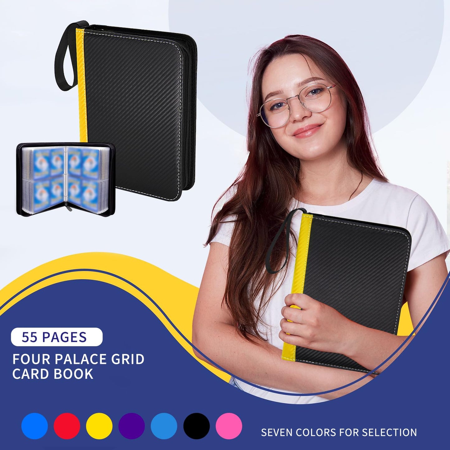 MaoKea Card Binder For Card 4-Pocket Sleeves with 440 Cards Holder,Game Collection Binder Card Holder Of Fit for TCGcard album,game card Yugioh Trading Sports Cards (Yellow and black)