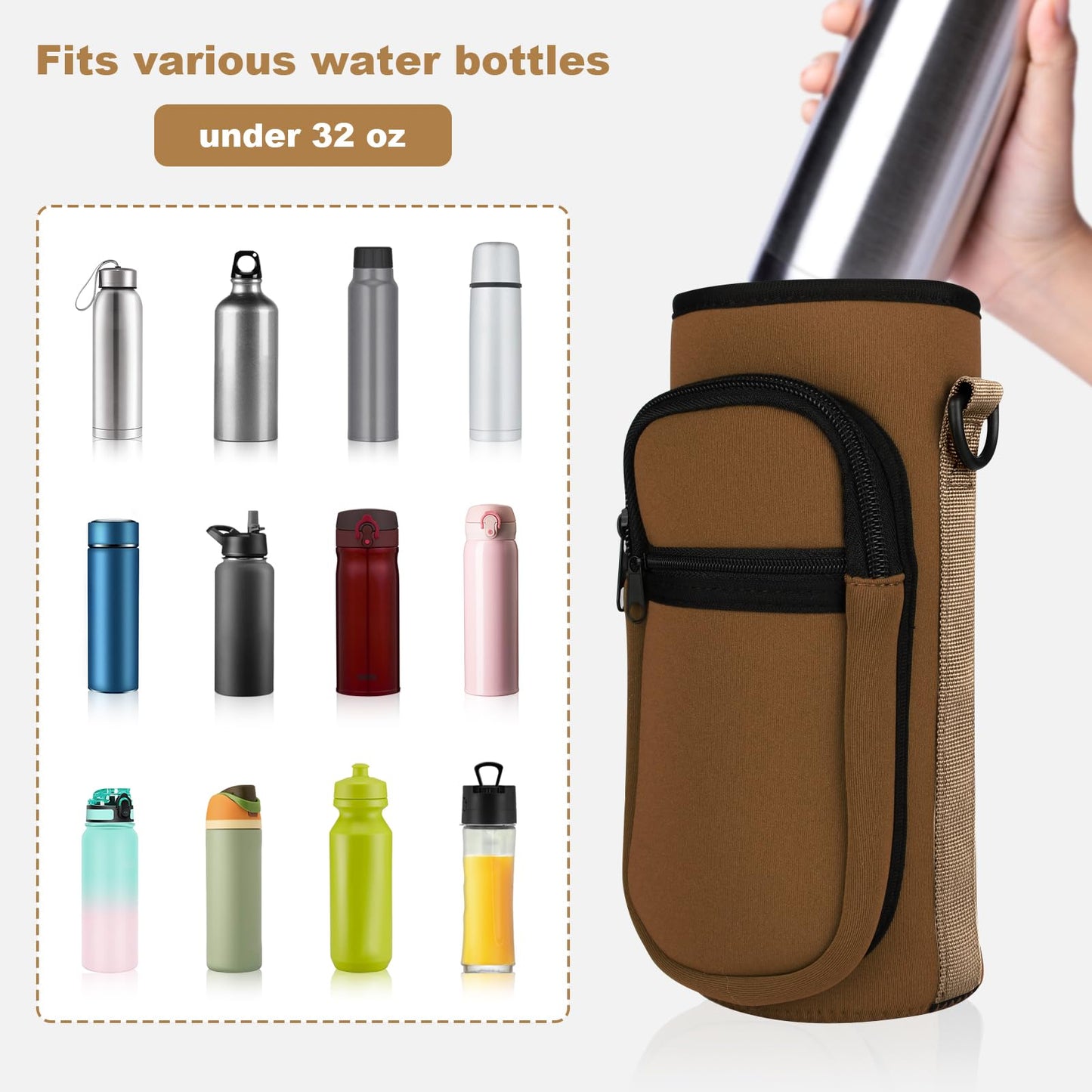 Bstge Water Bottle Holder with Strap, Water Bottle Carrier Bag with Phone Pocket, Shoulder Hand Strap Insulated Neoprene 32 oz Water Bottle Sleeve for Walking Hiking Camping Gym(Coffee)