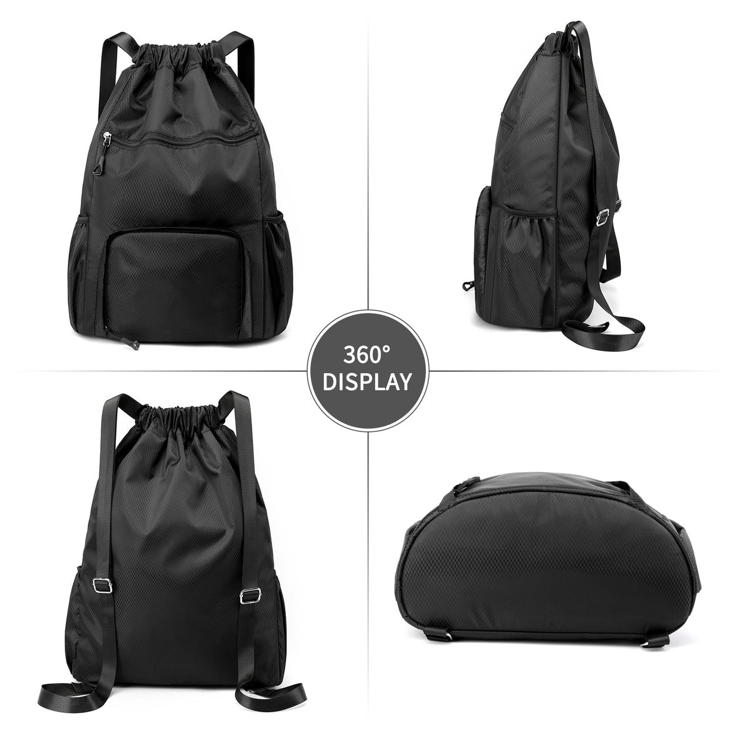 ChuLian Drawstring Backpack with Wet Pocket & Shoe Compartment, Water-Resistant Sports Gym Beach Swim String Bag for Women Men Black