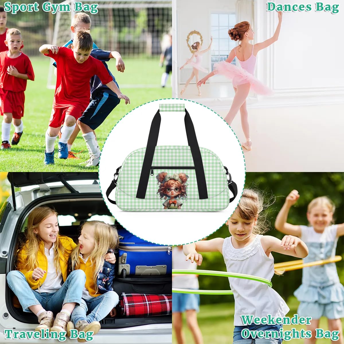 Gym Bag for Kids Girls, Cute Curly Hair Girls Small Duffel Bag with Padded Handles Carry On Weekend Travel Bag for School Practice Ball Games