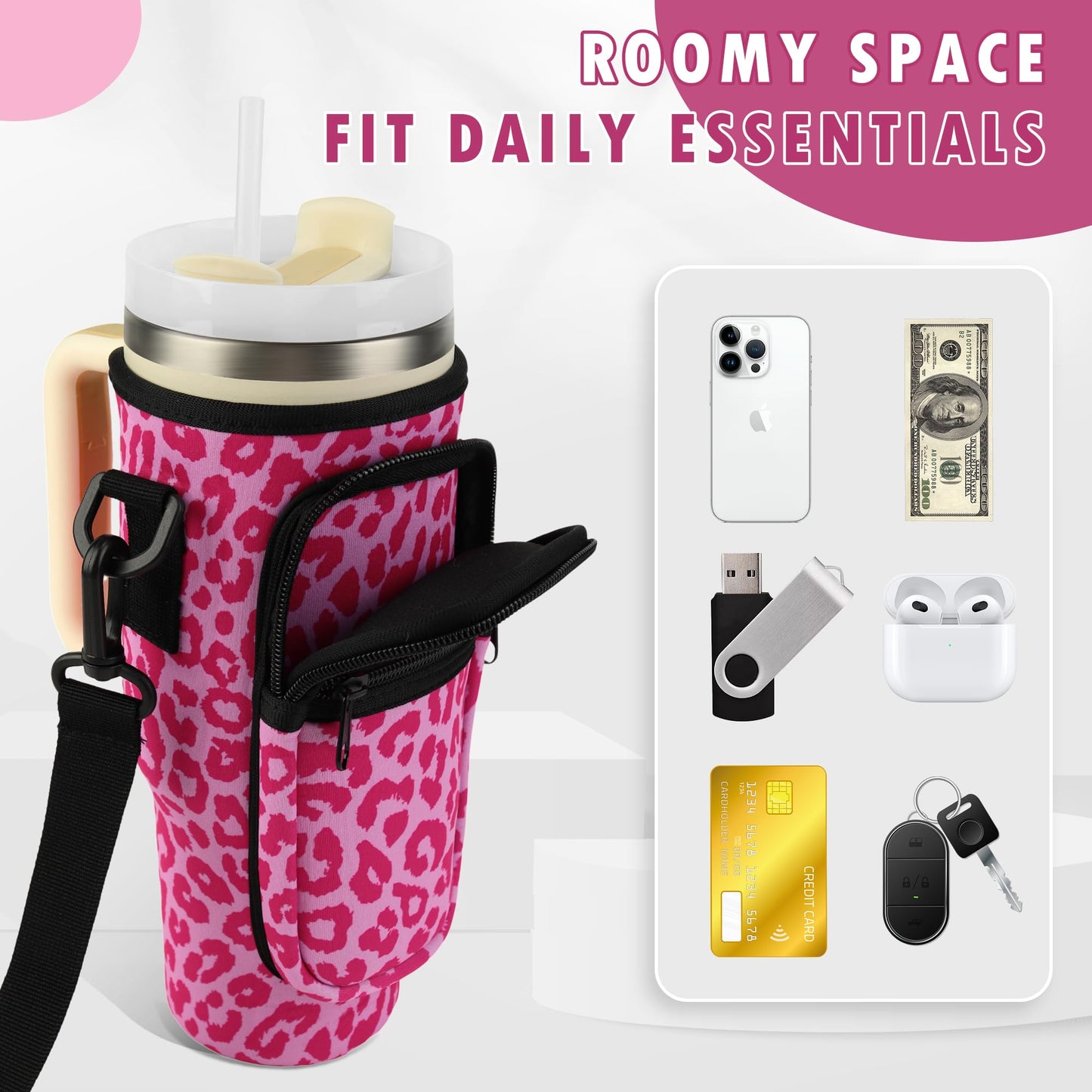 Water Bottle Carrier Bag with Strap for Stanley Cup 40oz Tumbler with Phone Pocket, Keychain Accessories for Stanley Cup Handle, Women Personalized Accessories for Stanley Cup