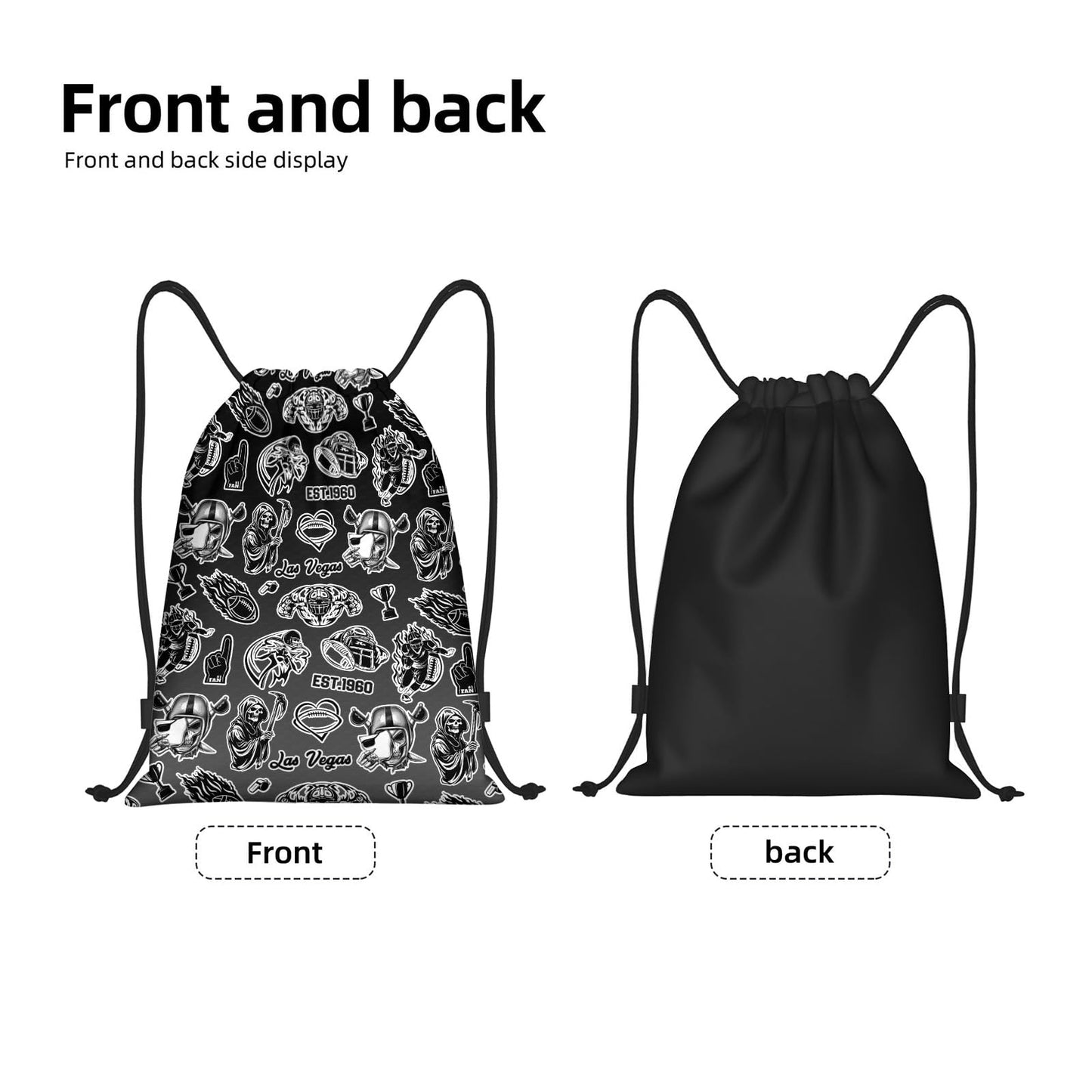 MAUPIVAE Las Vegas Drawstring Bags, Football Lovers Gym Sports Backpack, Black and Silver Hiking Travel Bag for Men Women