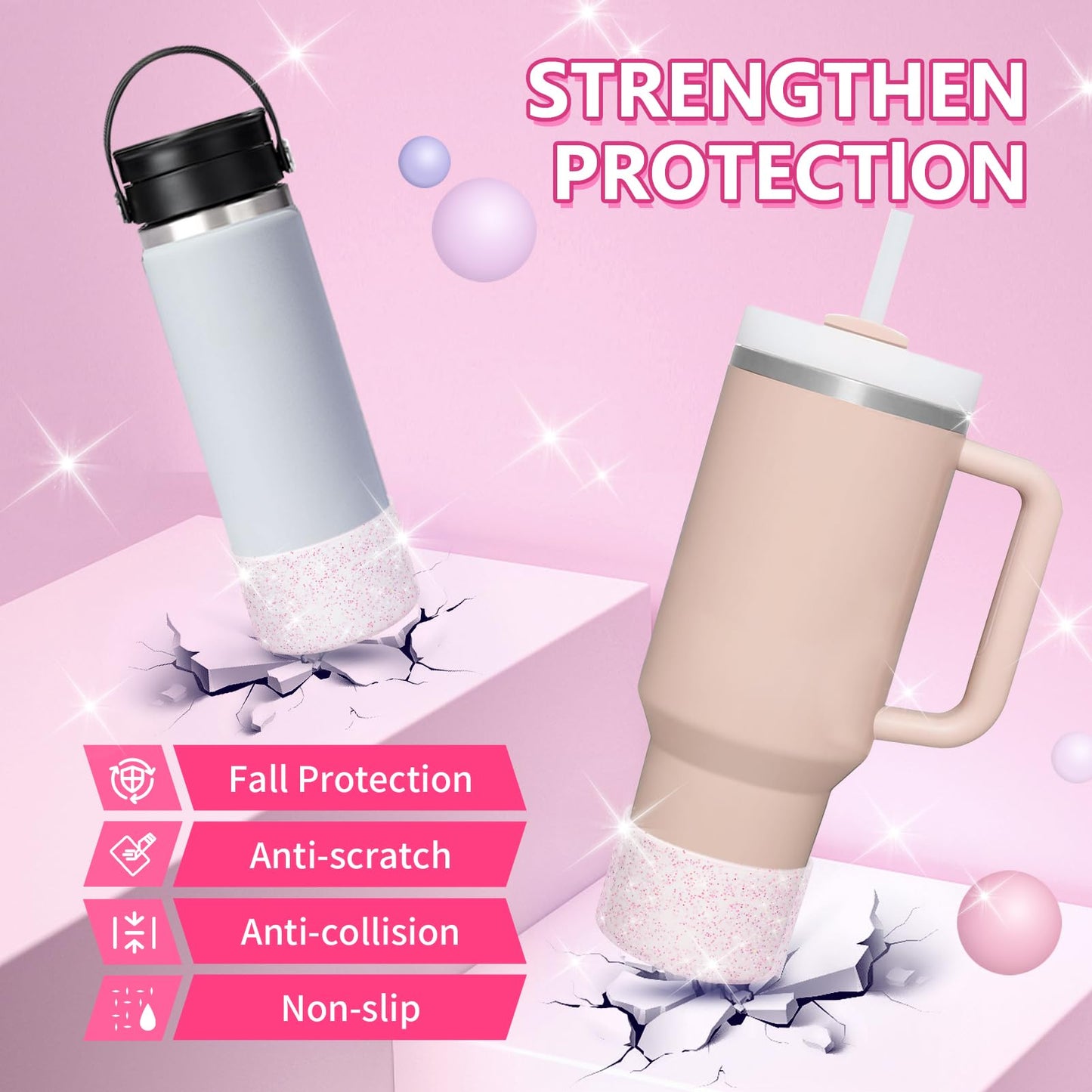 WUQID 2 Pack Bling Silicone Boot Compatible with Stanley Tumbler 20-40oz & Hydro Flask Water Bottle 12-24oz and More Bottles/Tumblers Bottom Width of 2.83-2.95in,Glitter Reduces Dents Sleeve Cover