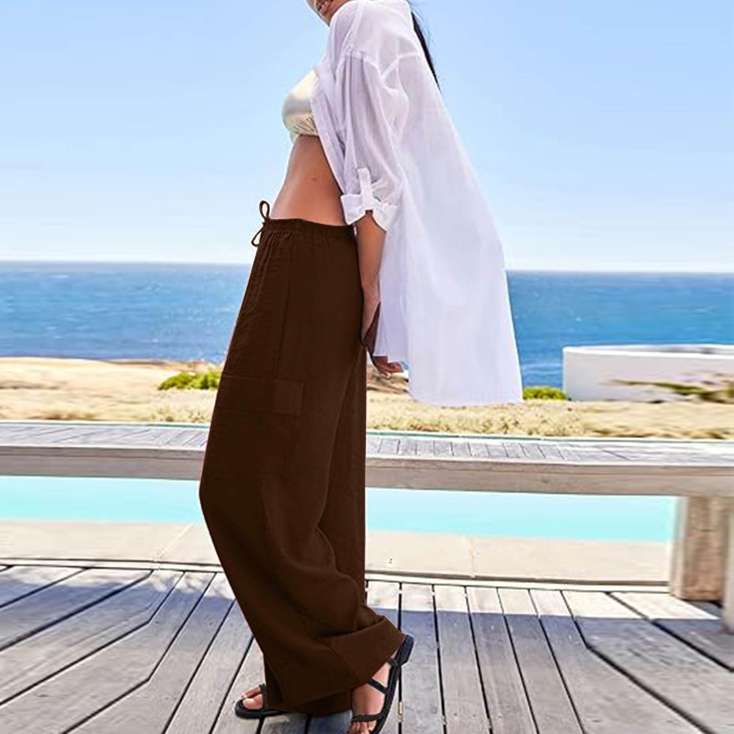 Turilly Women's Pants Baggy Loose Wide Leg Comfy Soft Pants Casual Drawstring Elastic Waisted Work Pants with Side Pockets Brown