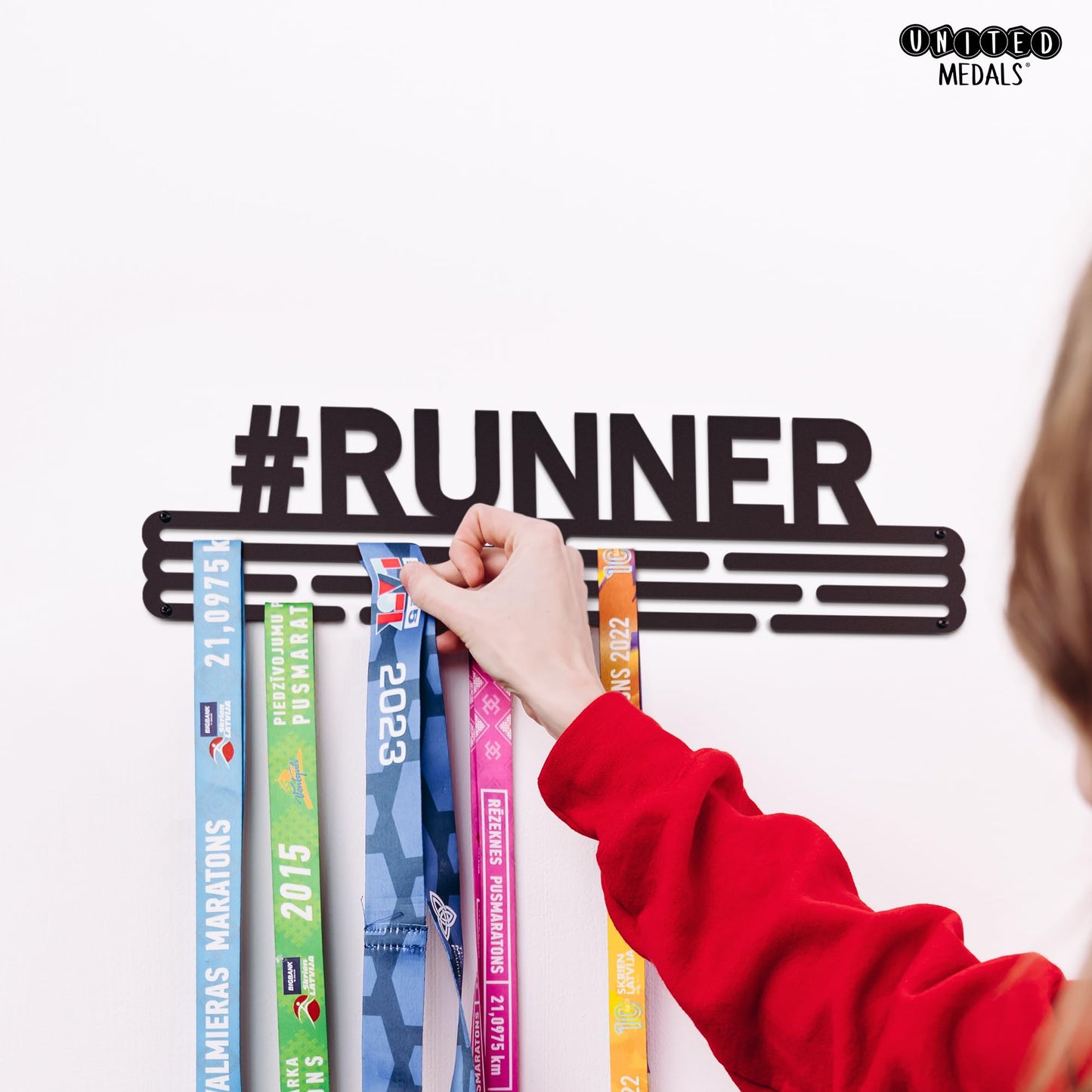 Sports Medal Hanger Display Race #RUNNER | Black Race Medal Holder Awards Wall Mount | Running Marathon Race Medal Display for Wall | Steel medal holder for wall holds up to 48 Medals