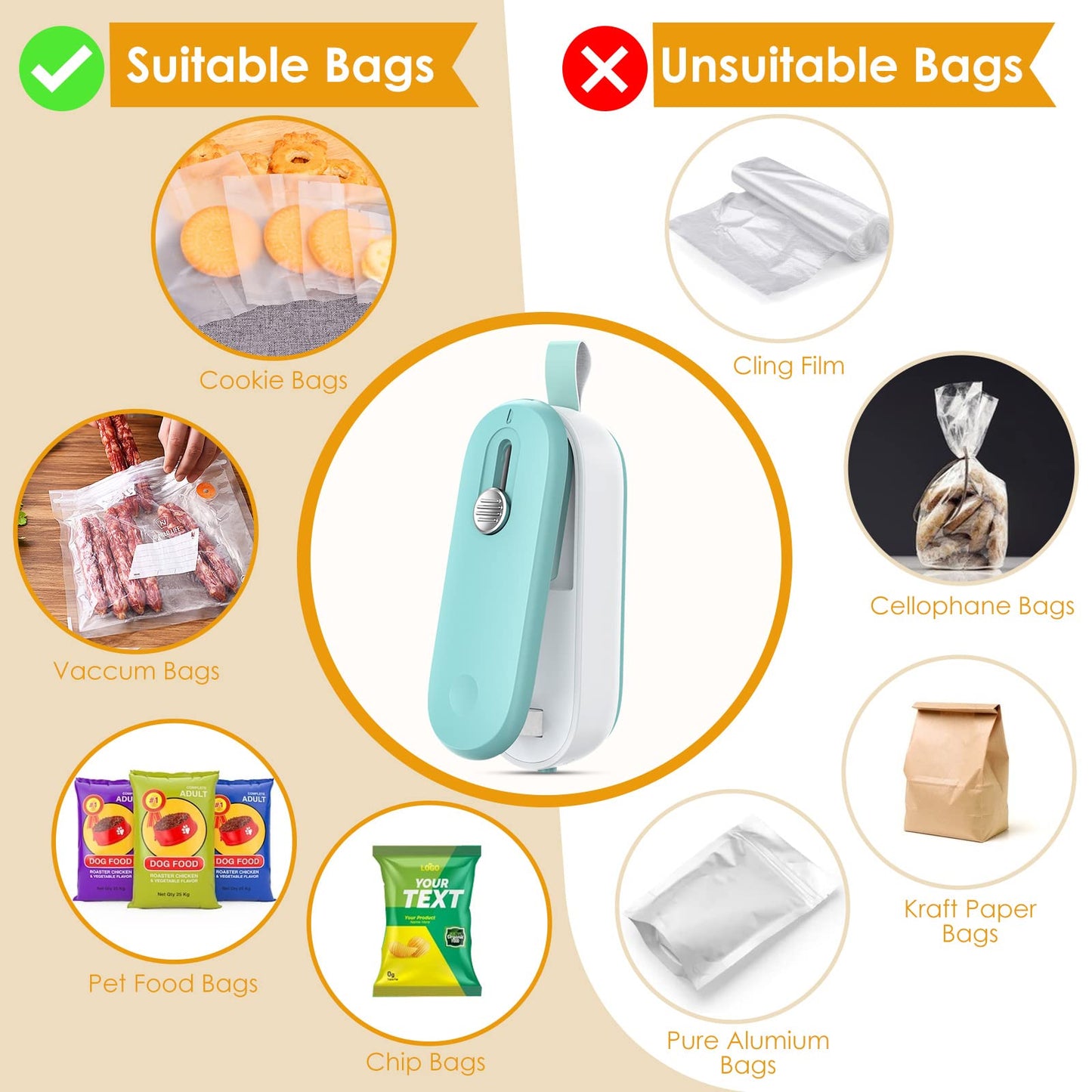 FEPPO Mini Bag Sealer, 2 in 1 Bag Sealer Heat Seal with Cutter and with Lanyard, Mini Bag Resealer Machine for Plastic Bags Snack Bags Food Storage (Batteries Included)